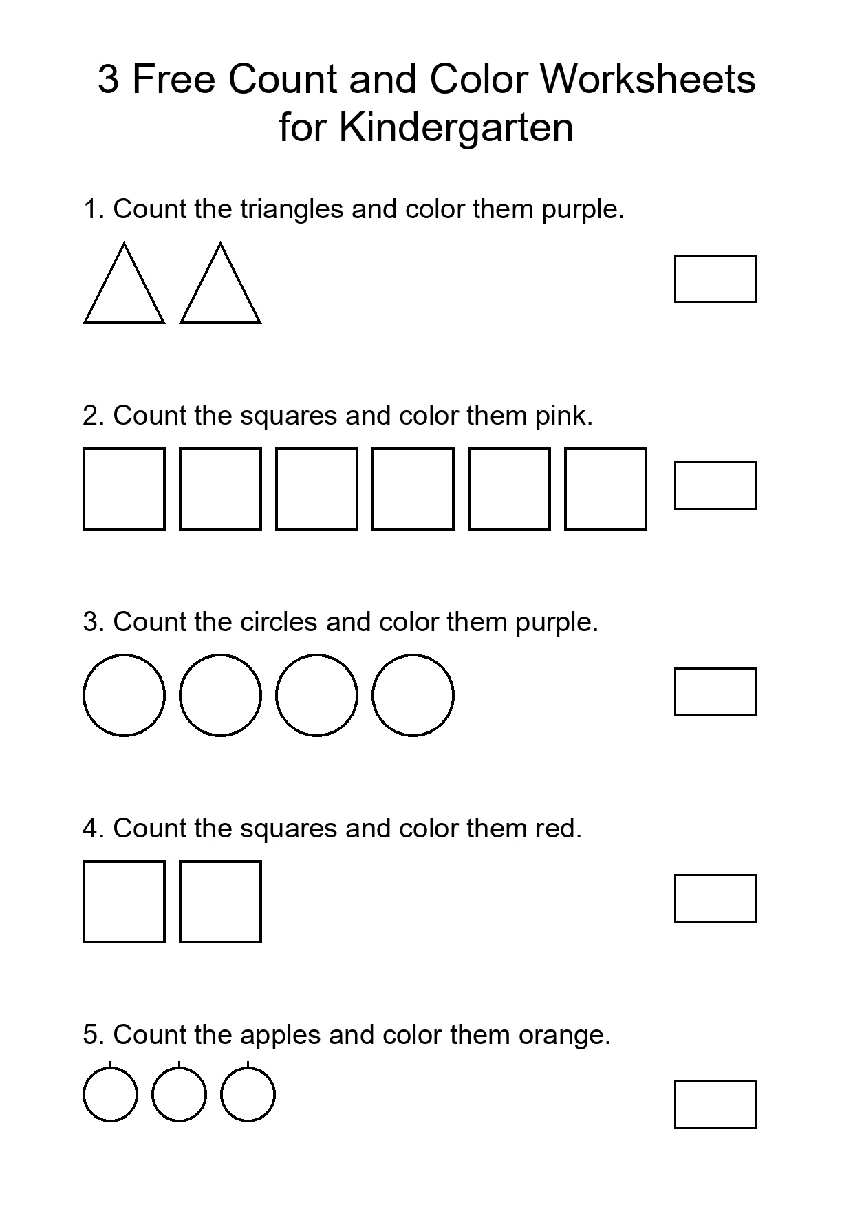 3 Free Count and Color Worksheets for Kindergarten