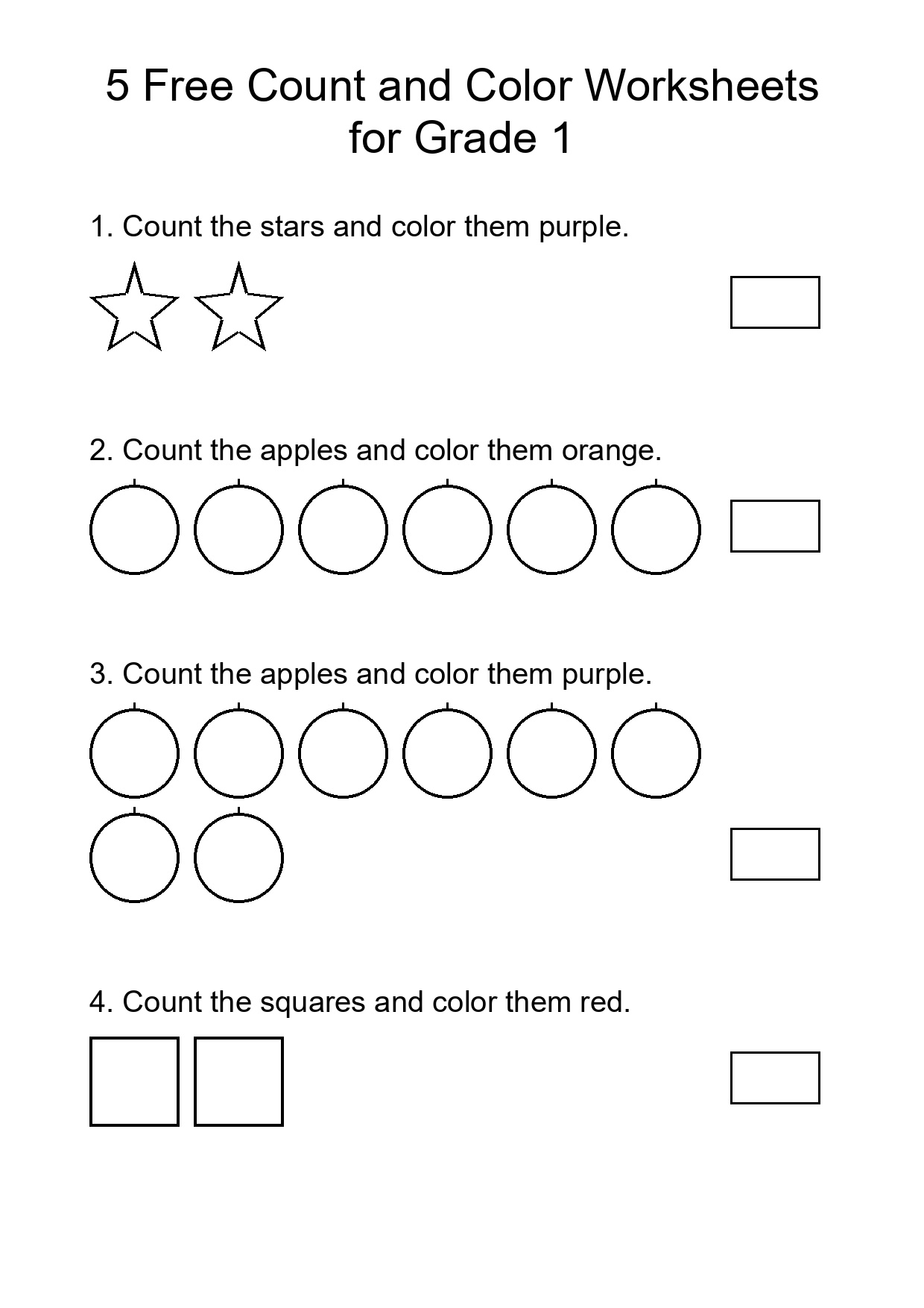 5 Free Count and Color Worksheets for Grade 1