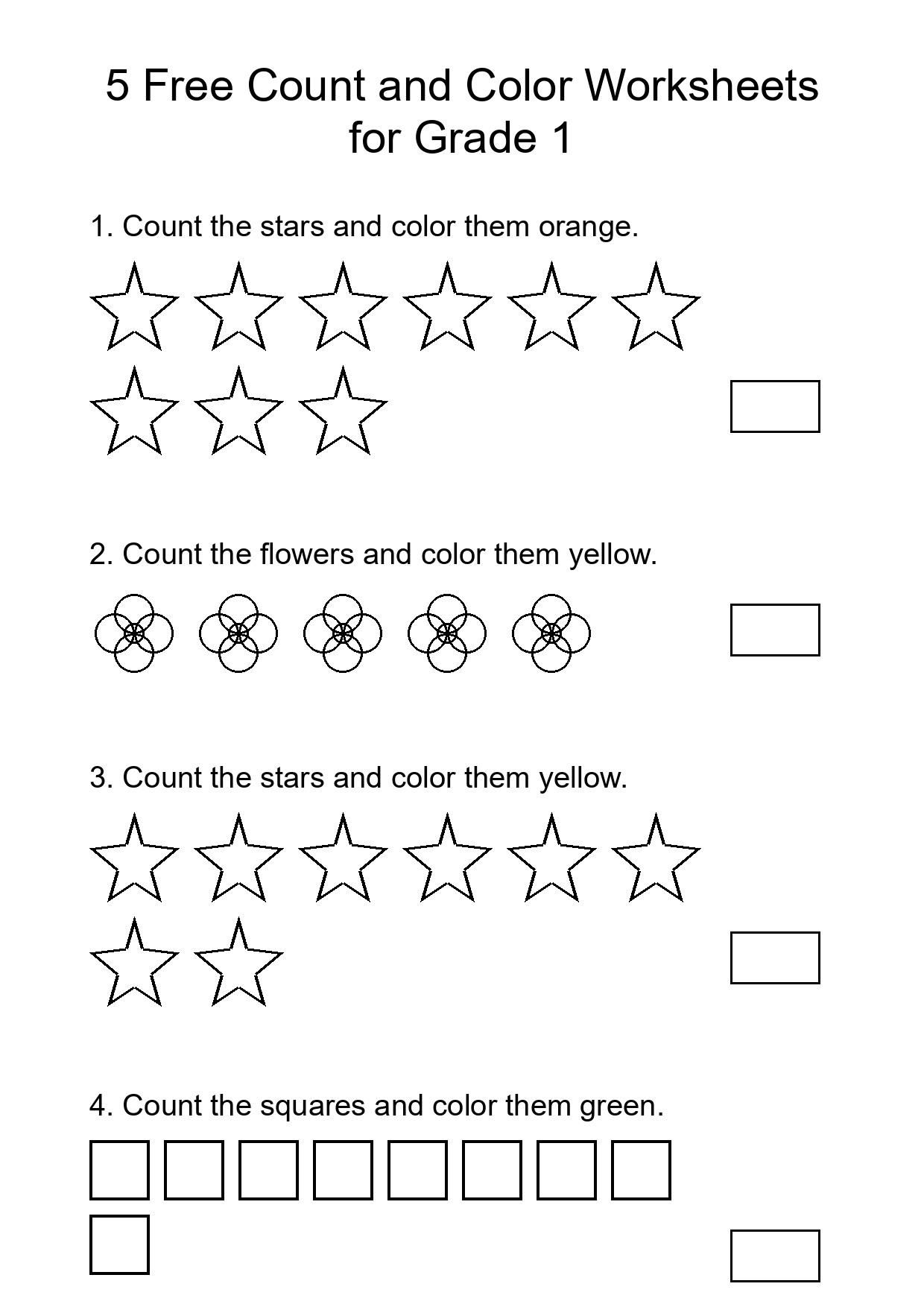 5 Free Count and Color Worksheets for Grade 1