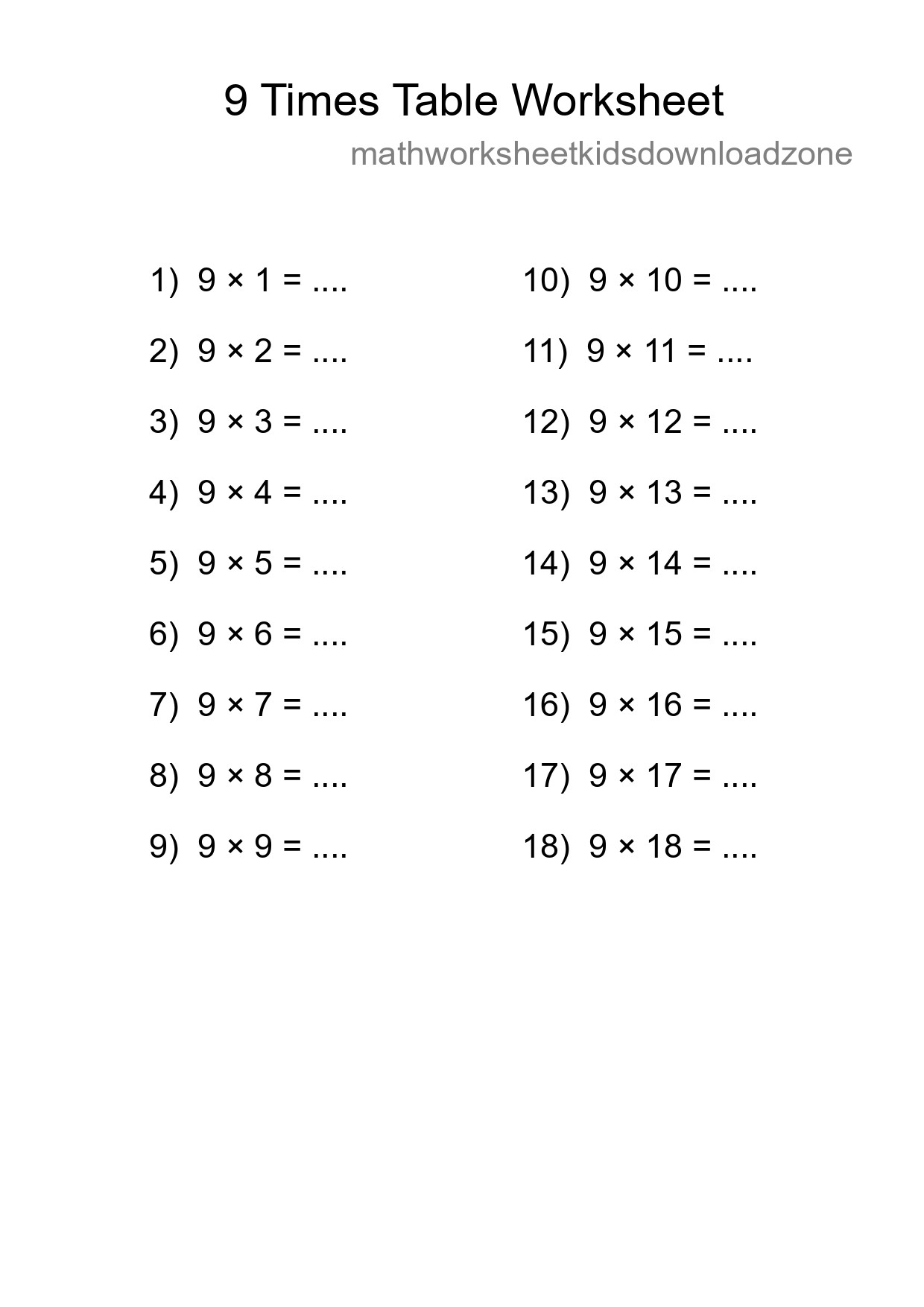 9 Times Table Worksheet For Grade 3 - Part 174