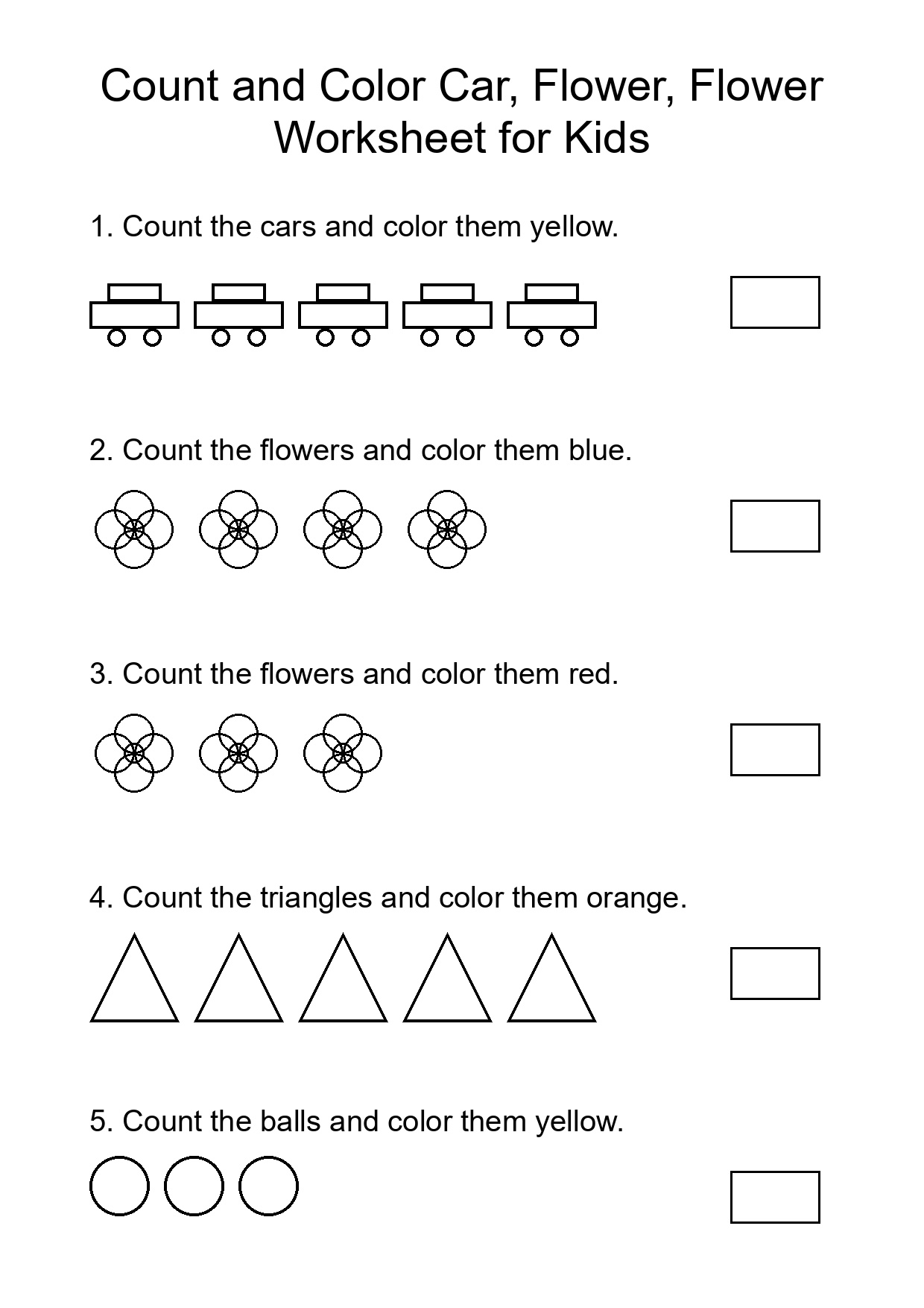 Count and Color Car, Flower, Flower Worksheet for Kids