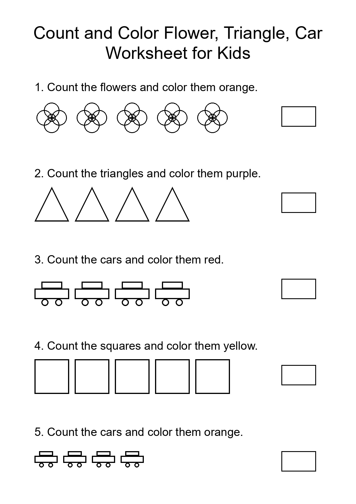 Count and Color Flower, Triangle, Car Worksheet for Kids