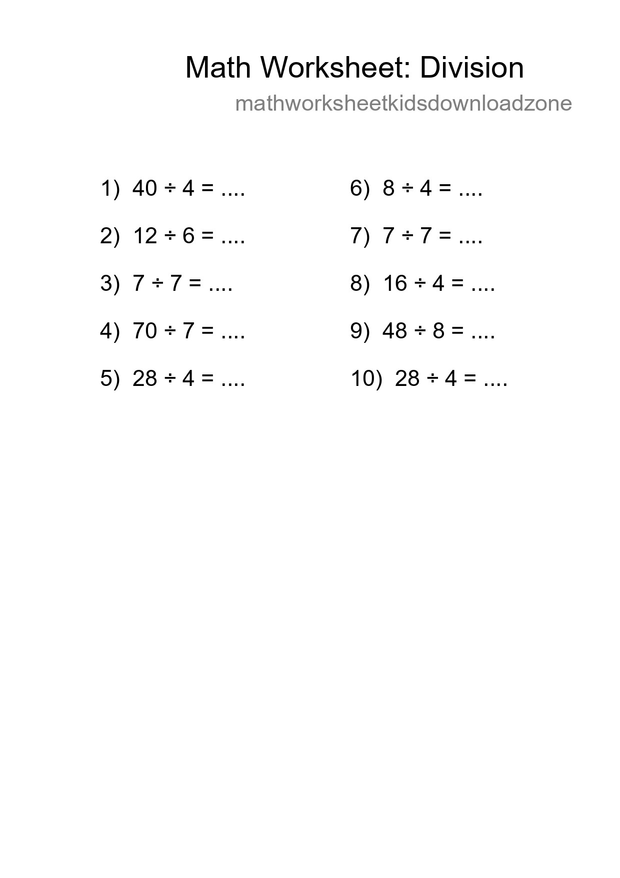 Free 10 Division Math Worksheet For Grade 1 With Answers - Part 246
