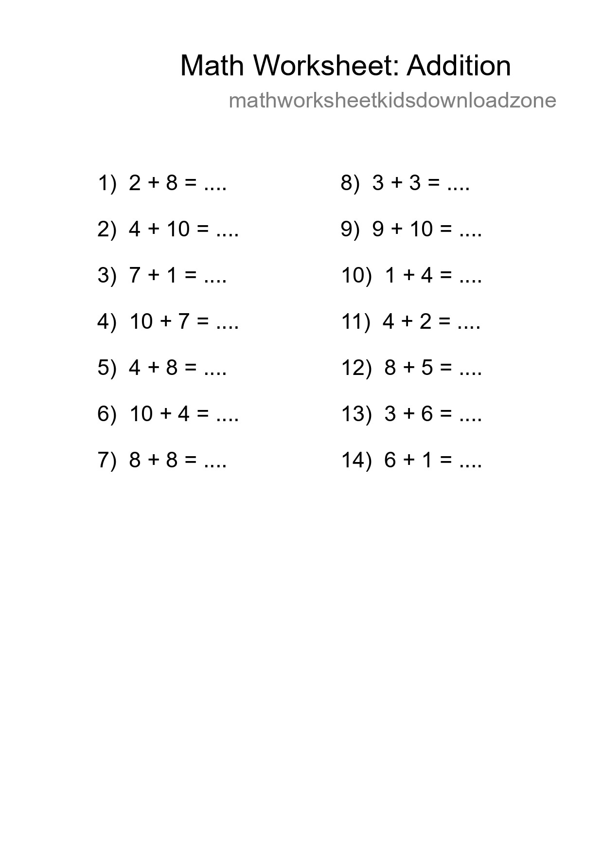 Free 14 Addition Math Worksheet For Grade 1 - Part 12