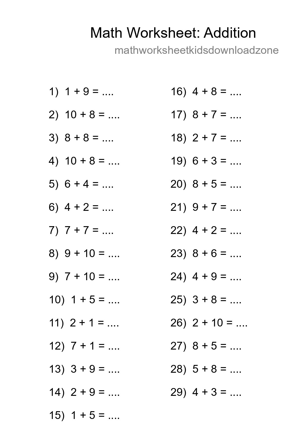 Free 29 Addition Math Worksheet For Grade 1 - Part 111