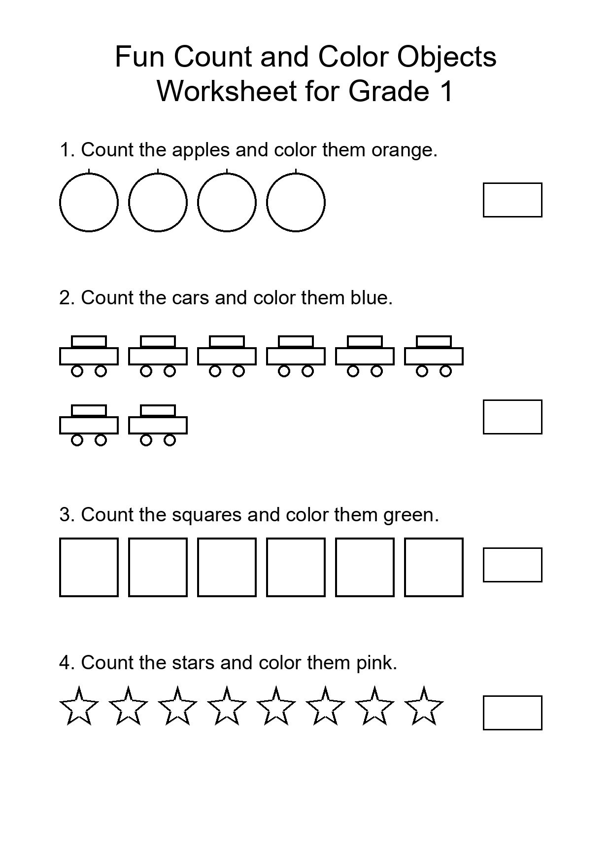 Fun Count and Color Objects Worksheet for Grade 1