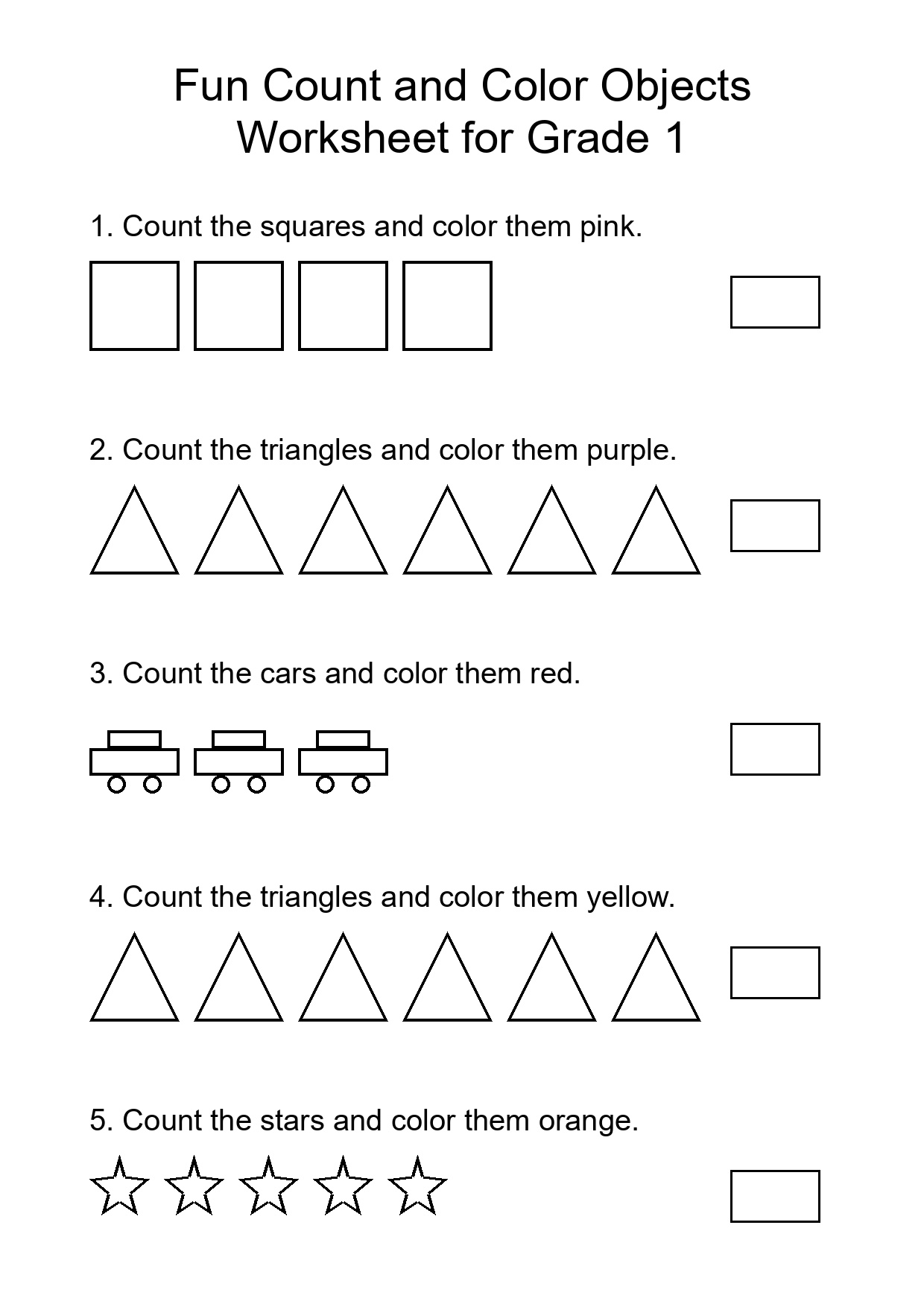 Fun Count and Color Objects Worksheet for Grade 1