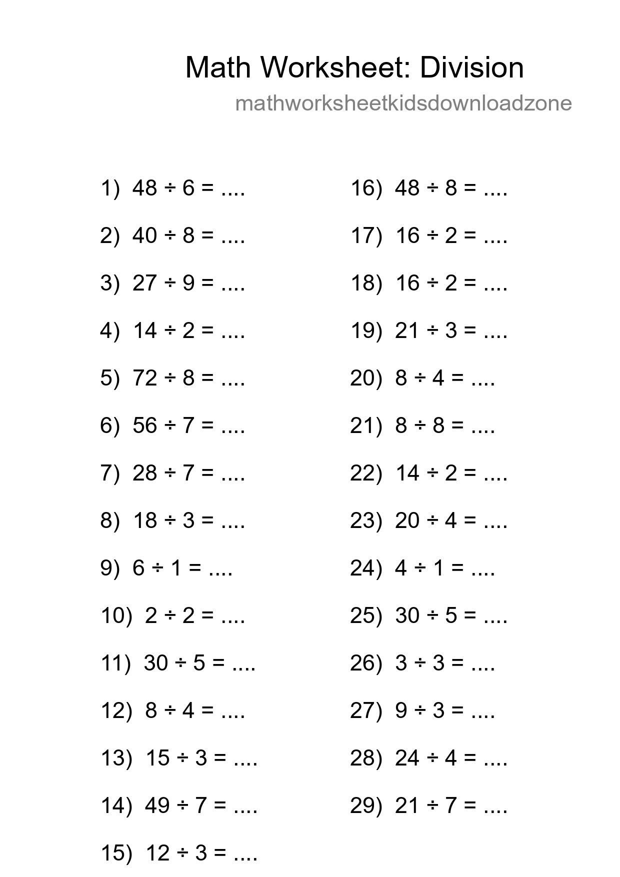 Grade 1 Division Practice Worksheet (29 Problems) - Part 4