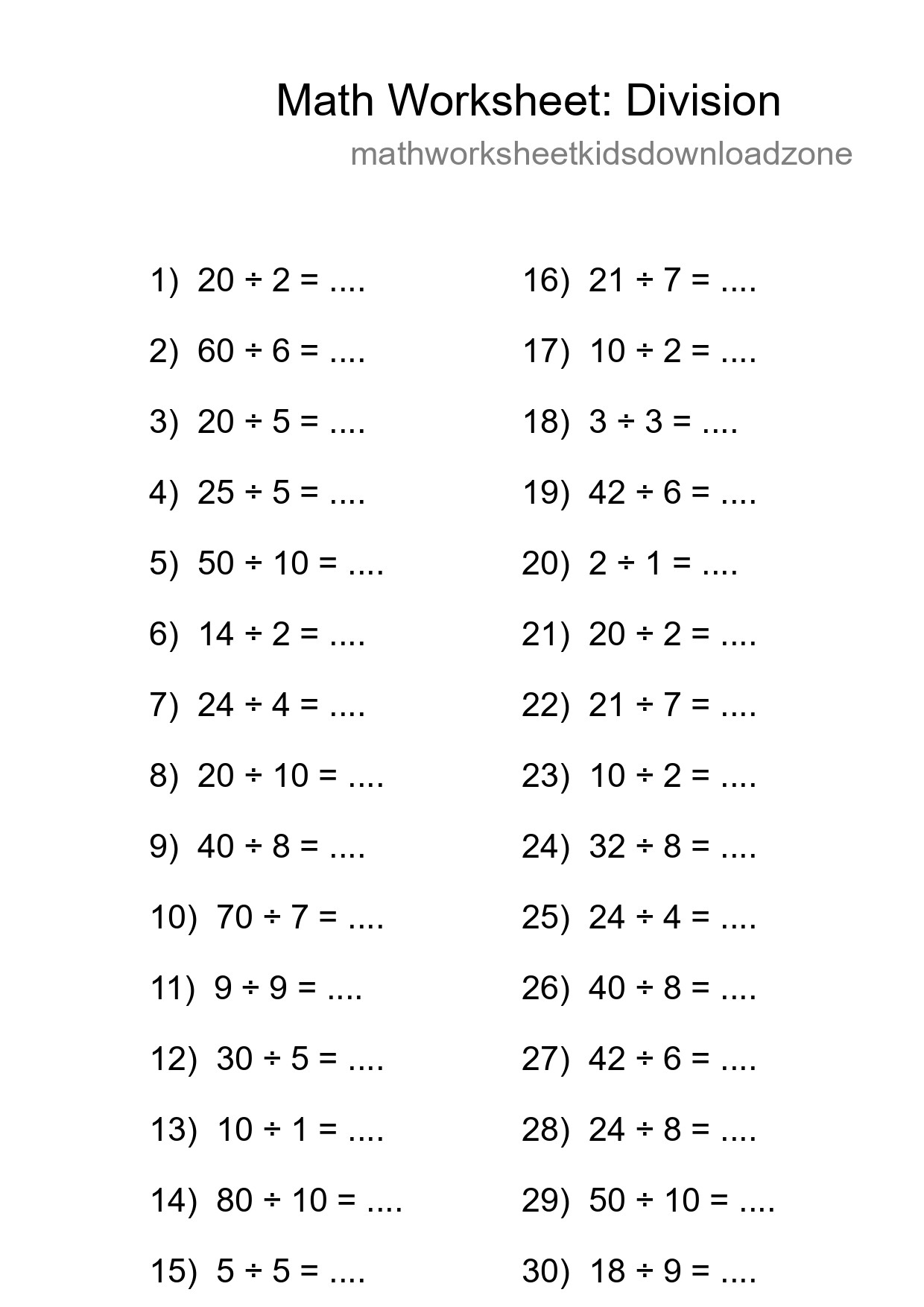 Grade 1 Division Practice Worksheet (30 Problems) - Part 235