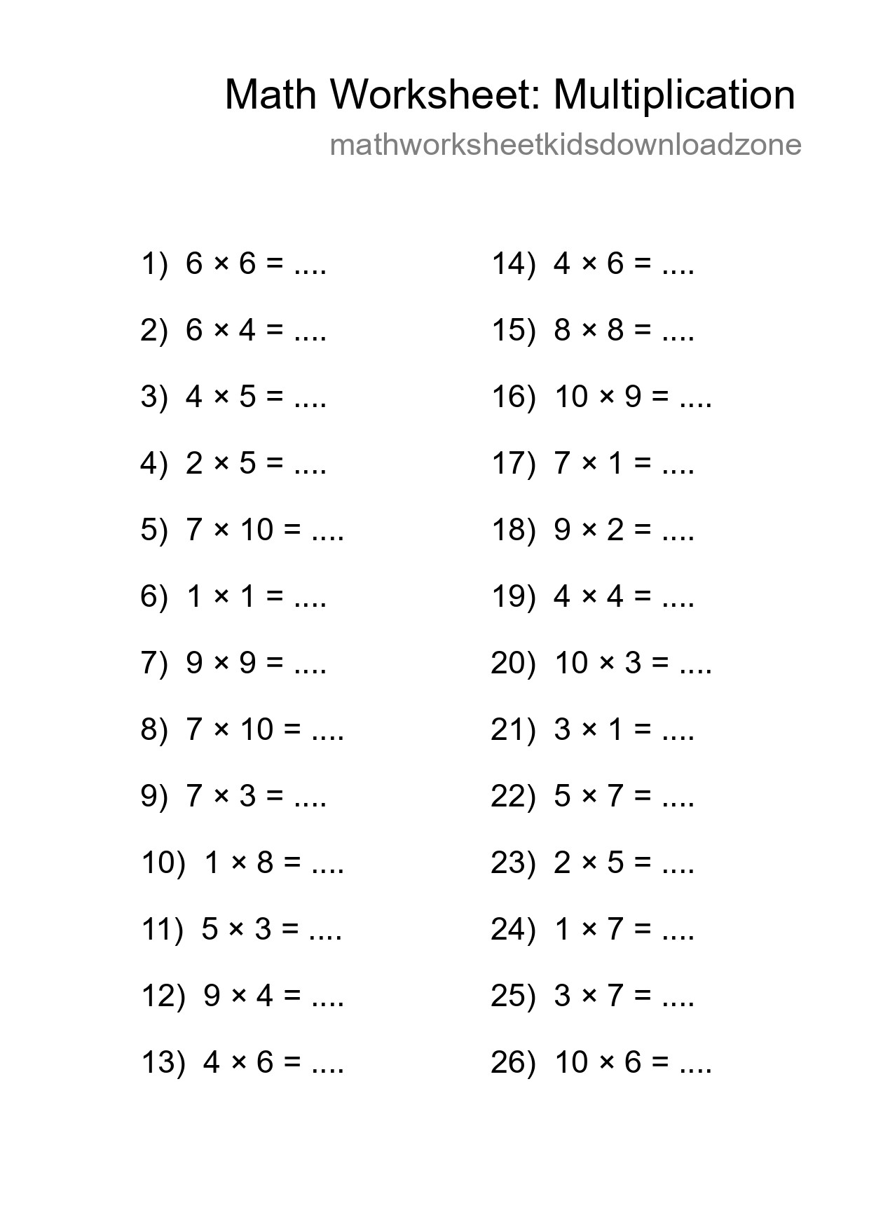 Grade 1 Multiplication Practice Worksheet (26 Problems) - Part 7