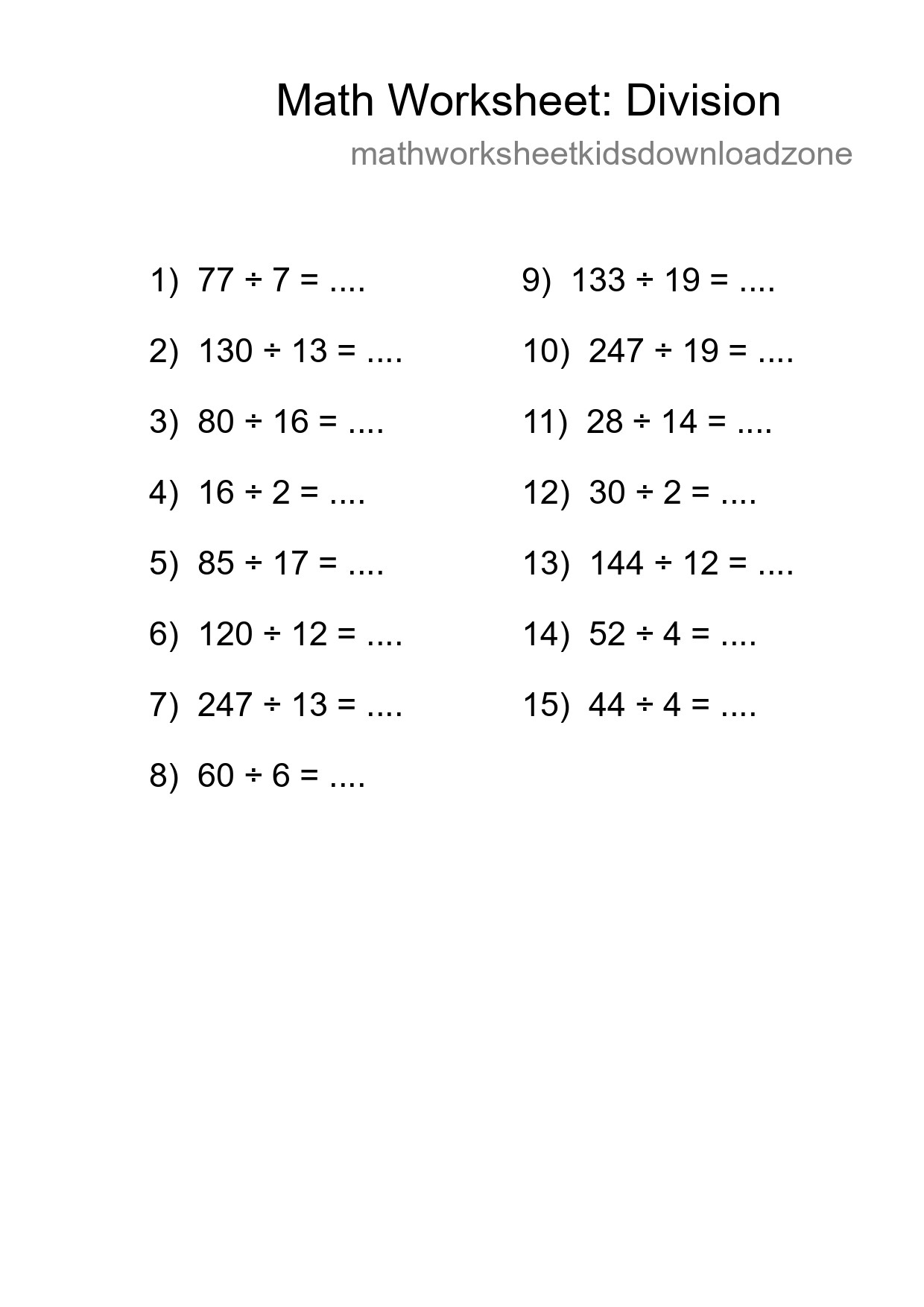 Grade 2 Division Practice Worksheet (15 Problems) - Part 37