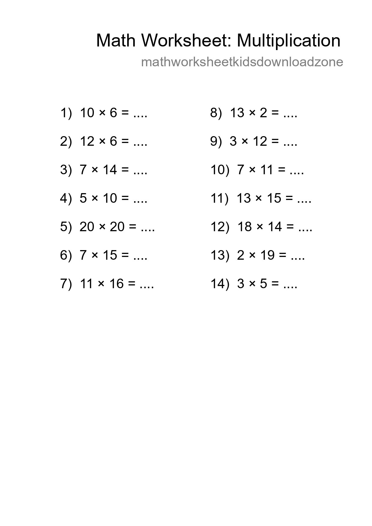 Grade 2 Multiplication Practice Worksheet (14 Problems) - Part 150