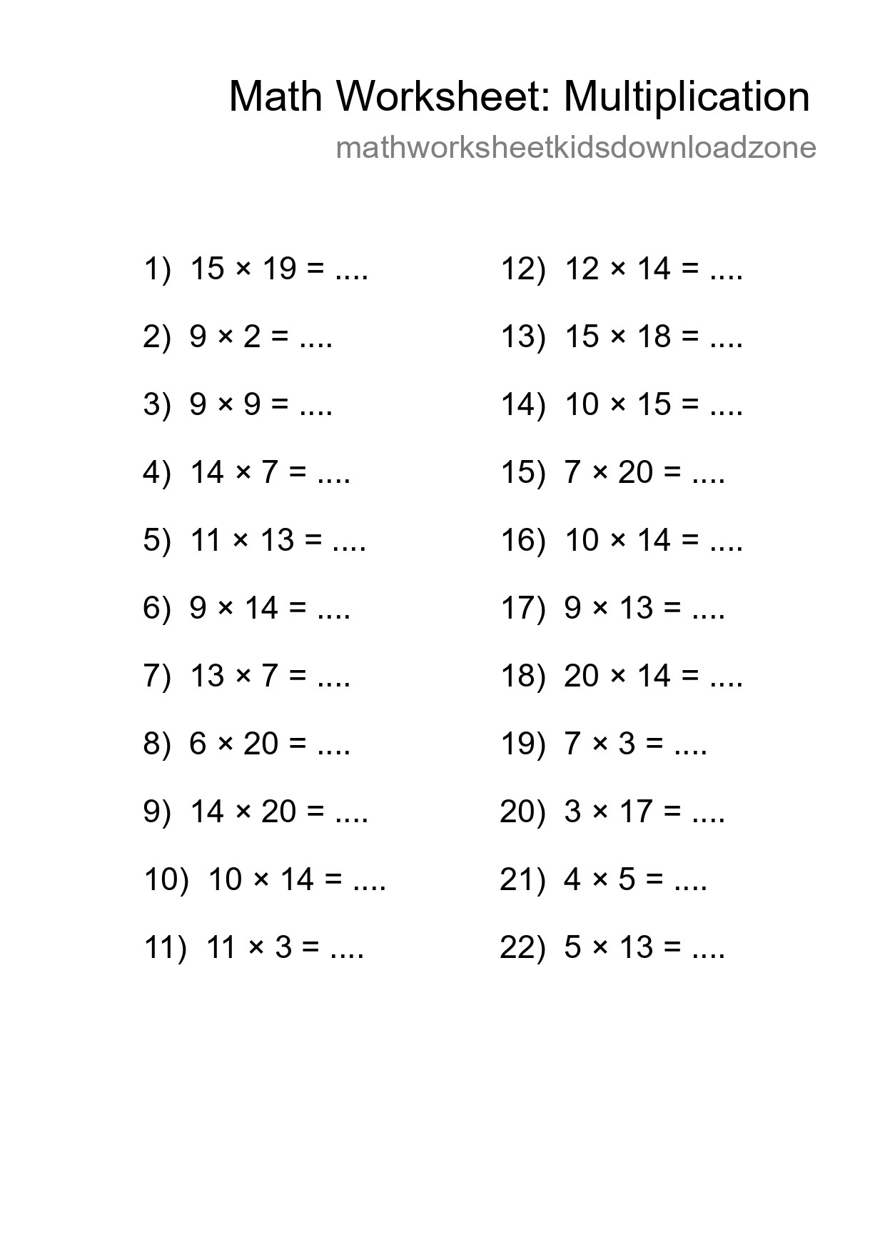 Grade 2 Multiplication Practice Worksheet (22 Problems) - Part 106