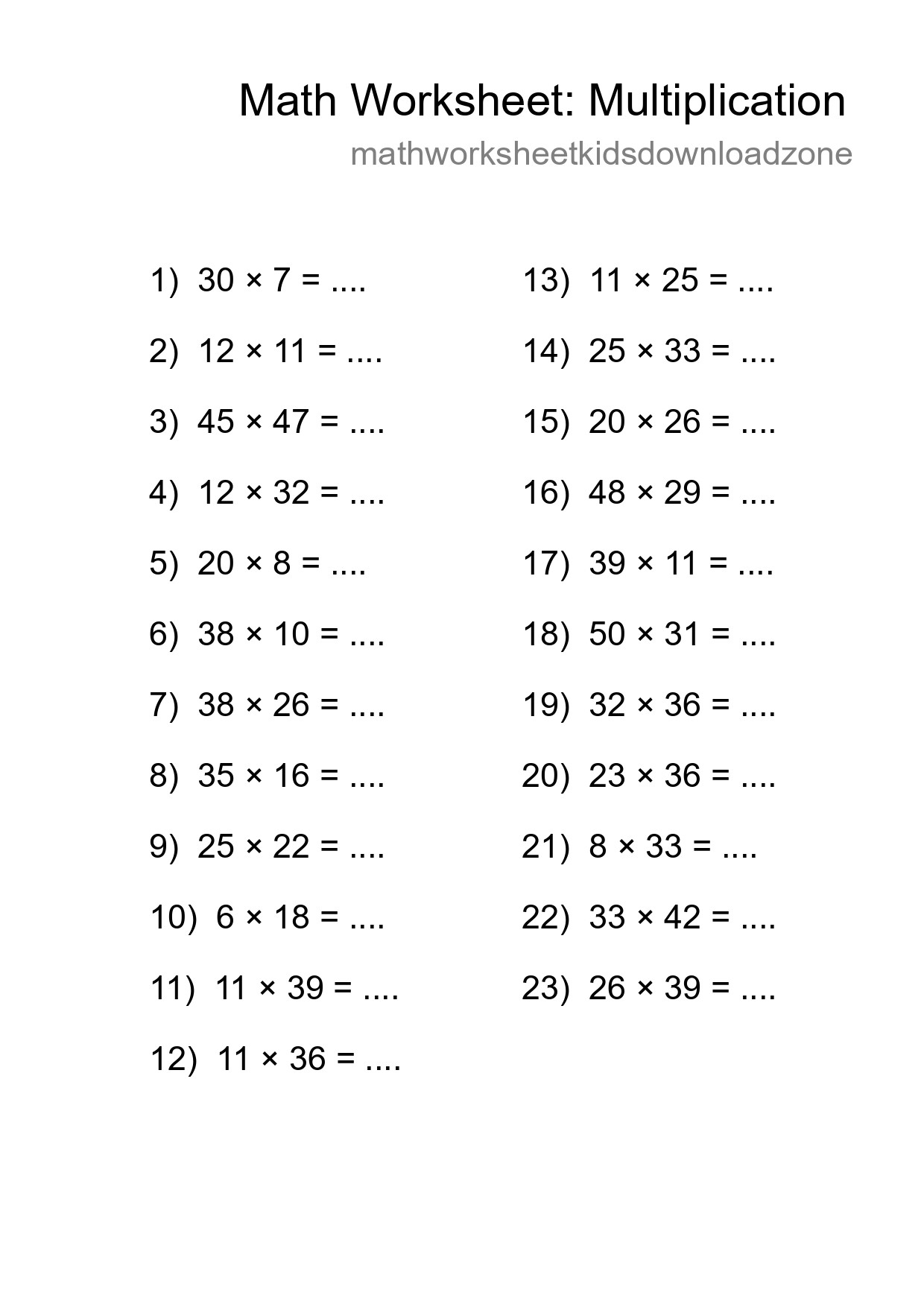 Grade 2 Multiplication Practice Worksheet (23 Problems) - Part 139
