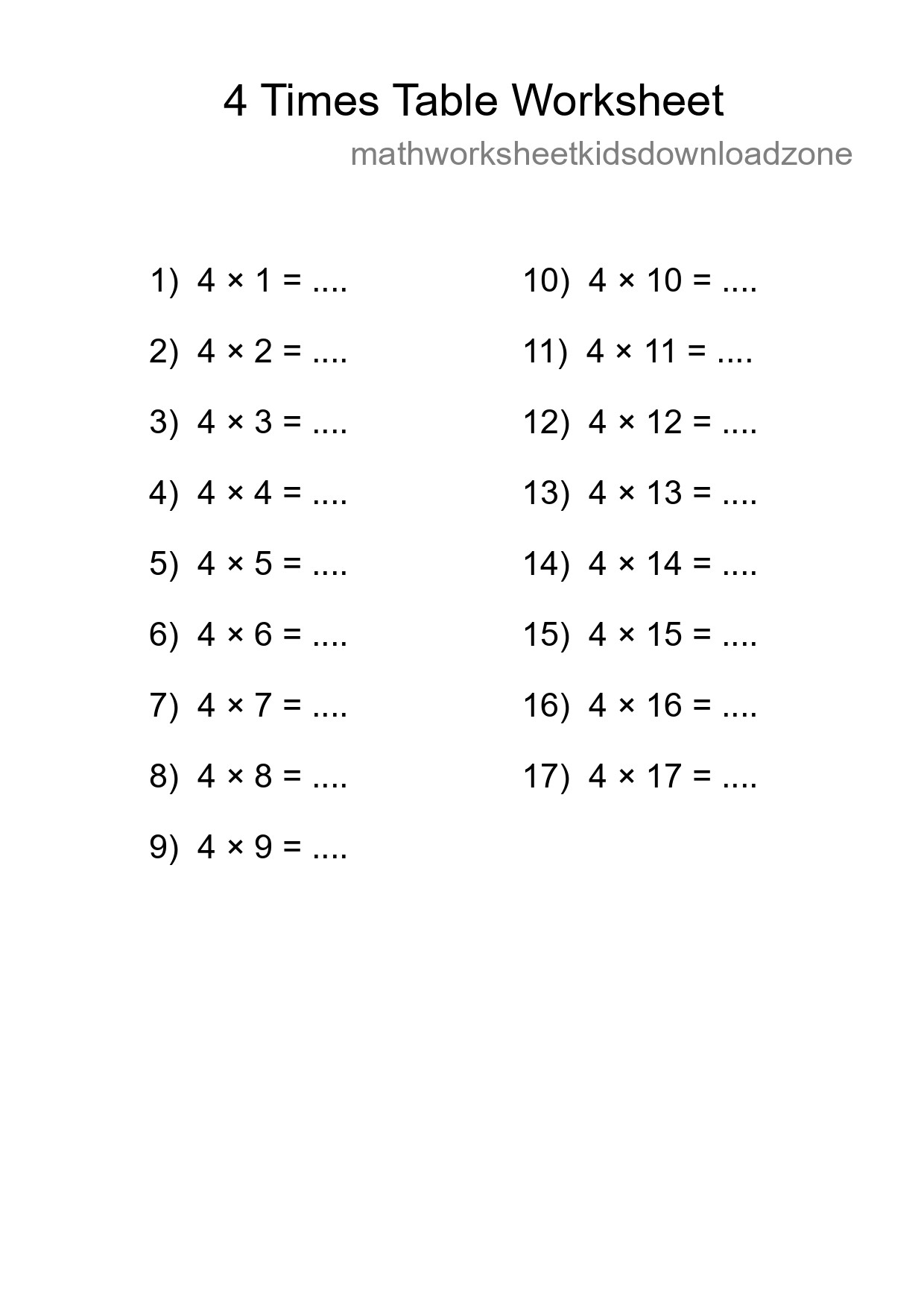 Grade 2 Multiplication Table 4 Practice - Part 9