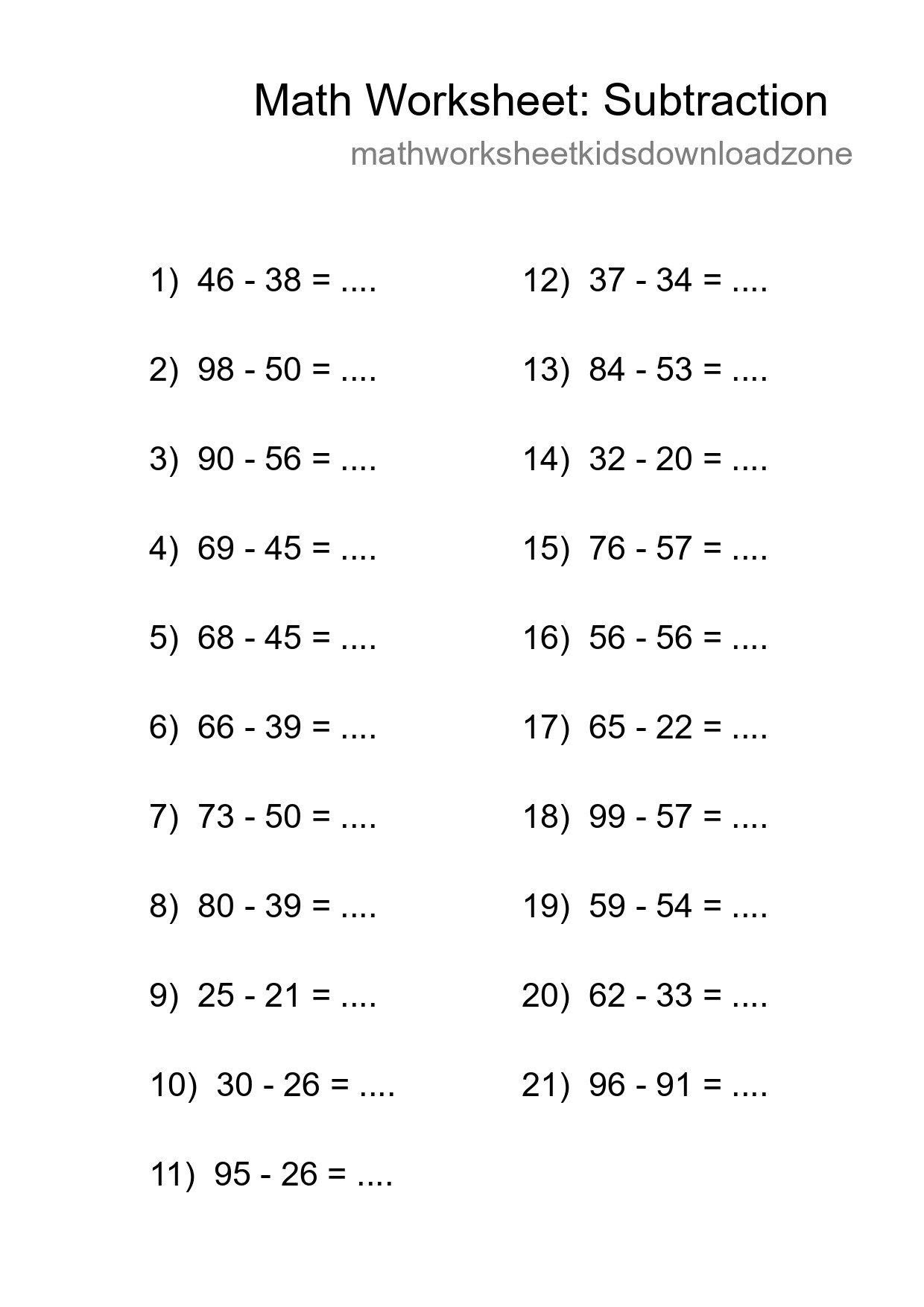 Grade 3 Subtraction Practice Worksheet (21 Problems) - Part 63