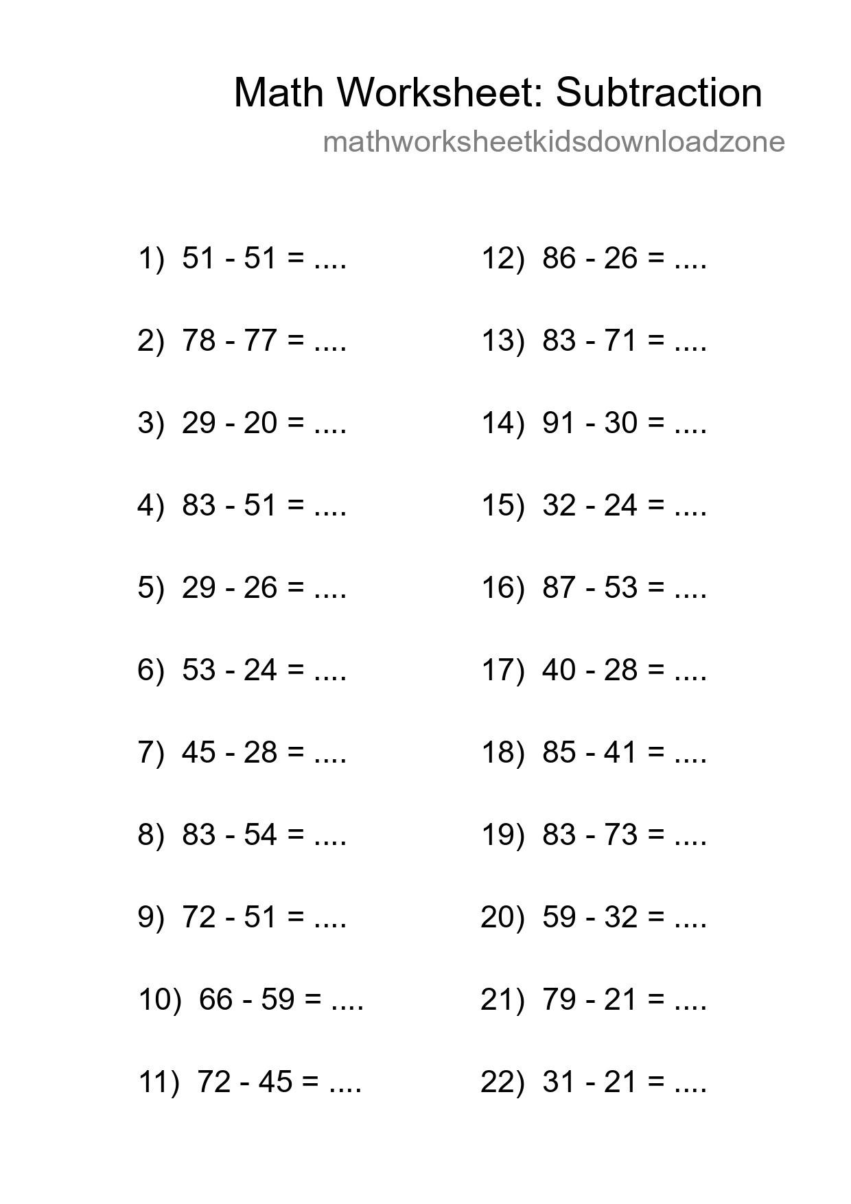 Grade 3 Subtraction Practice Worksheet (22 Problems) - Part 30