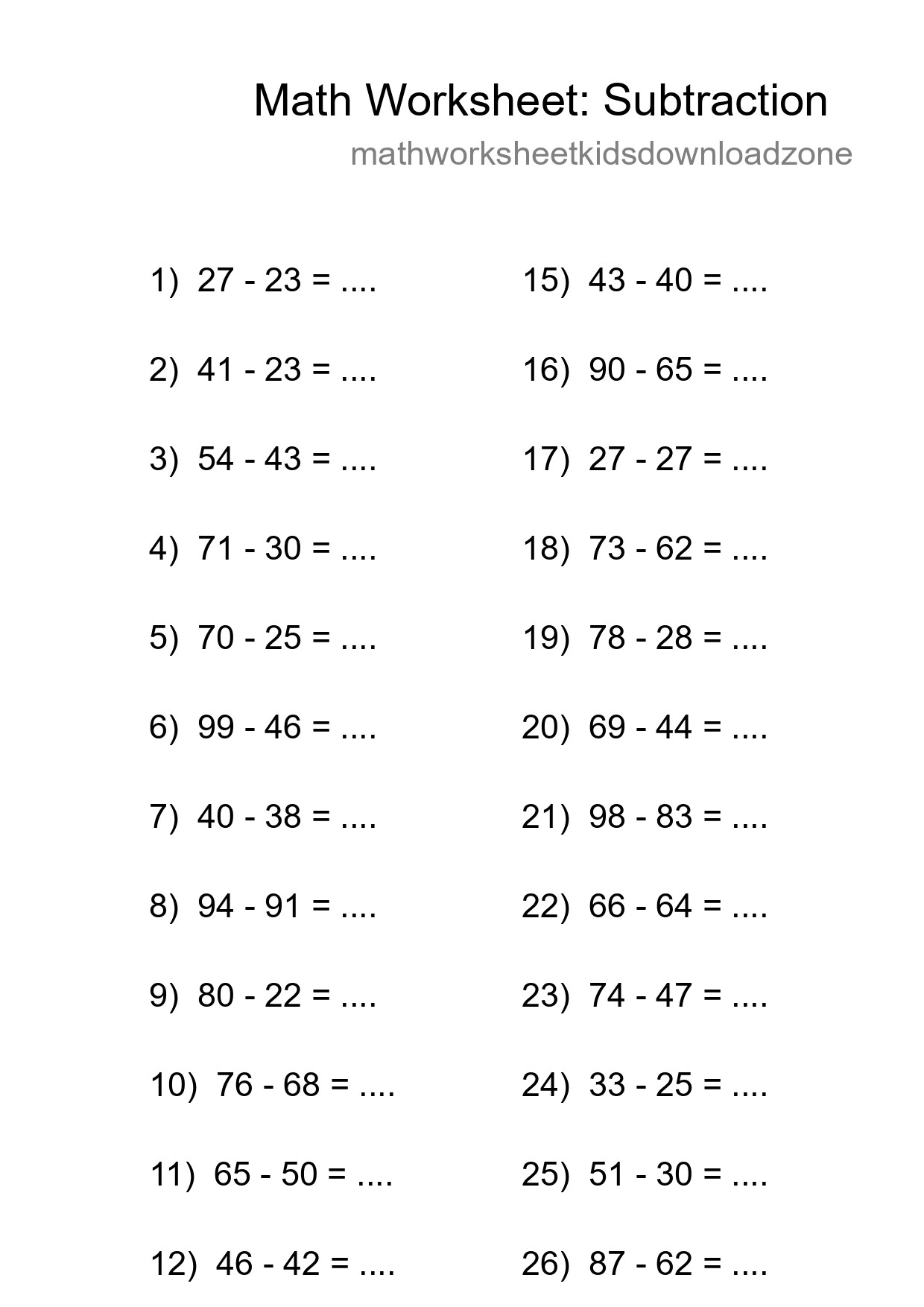 Grade 3 Subtraction Practice Worksheet (27 Problems) - Part 239
