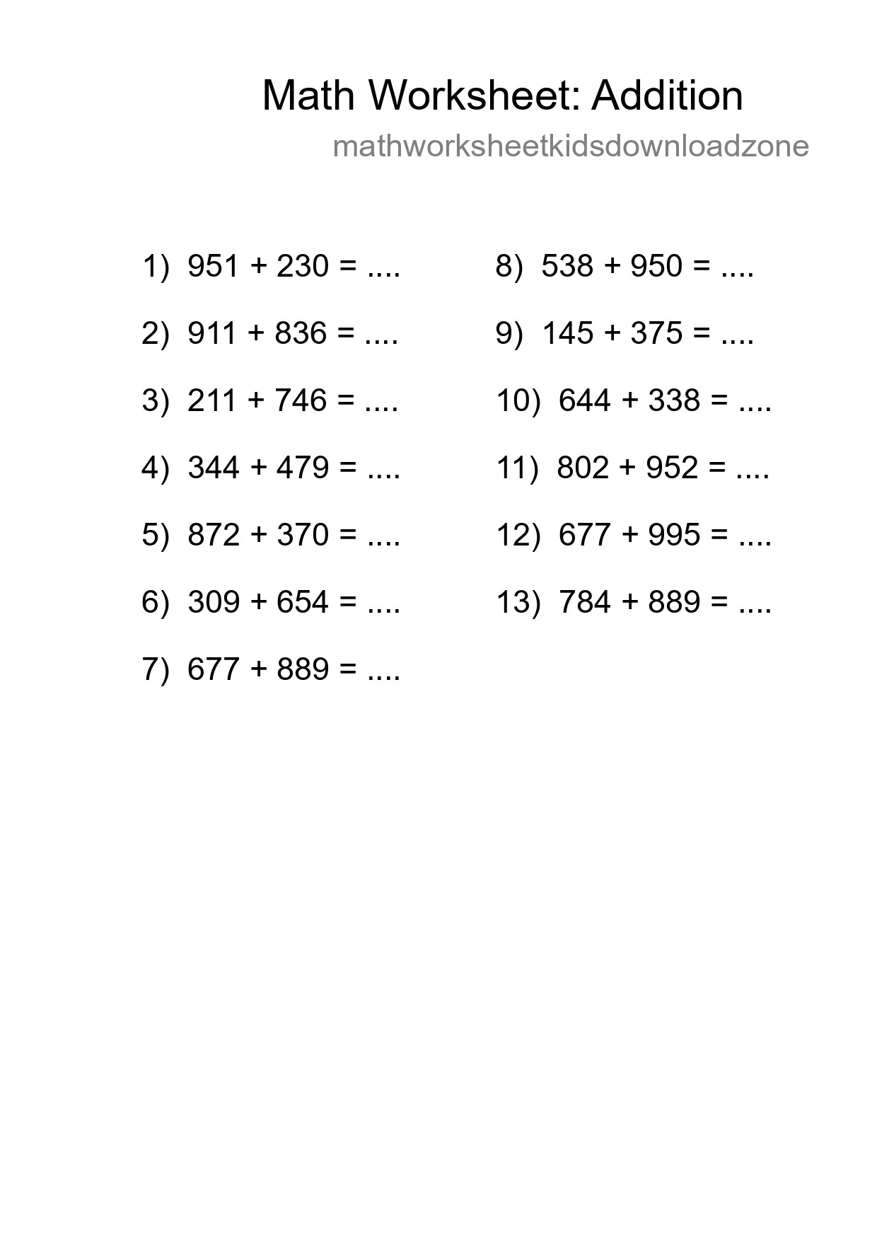Grade 5 Addition Practice Worksheet (13 Problems) - Part 155