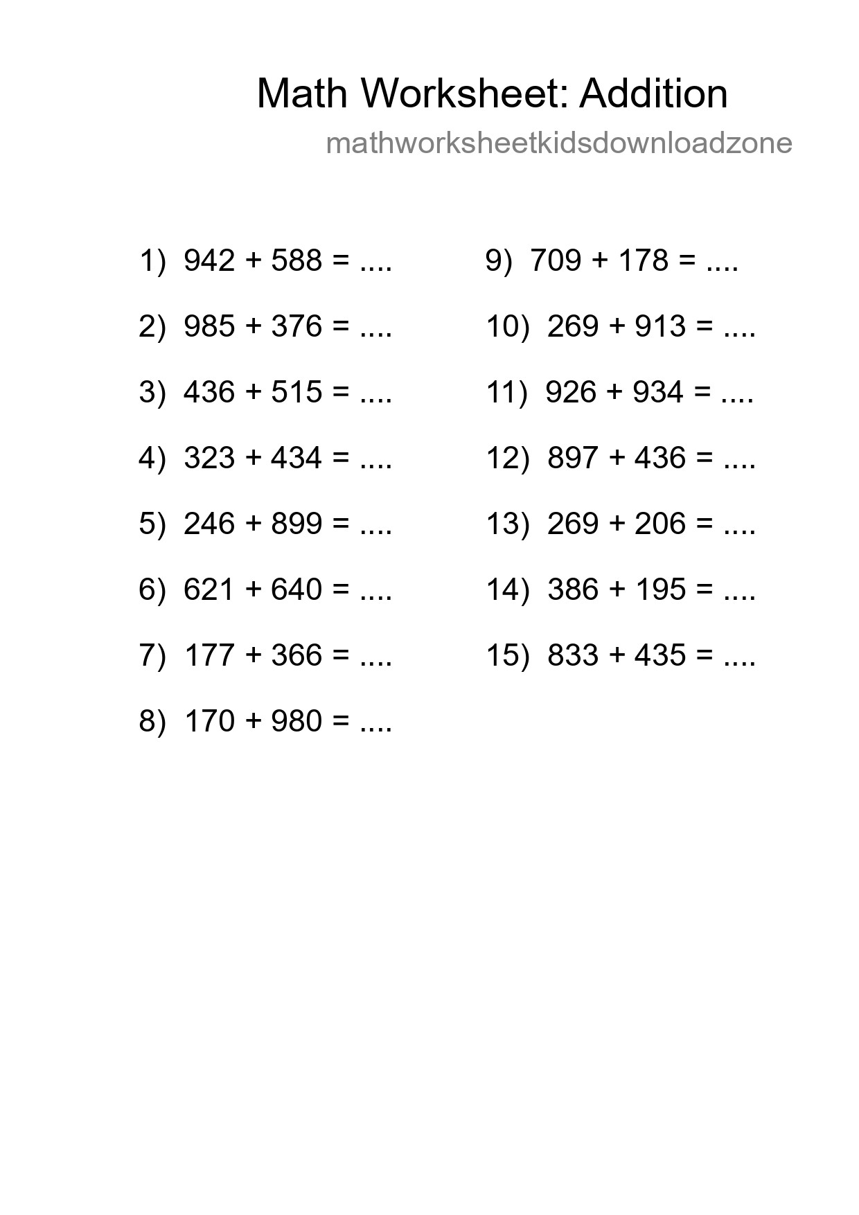 Grade 5 Addition Practice Worksheet (15 Problems) - Part 210