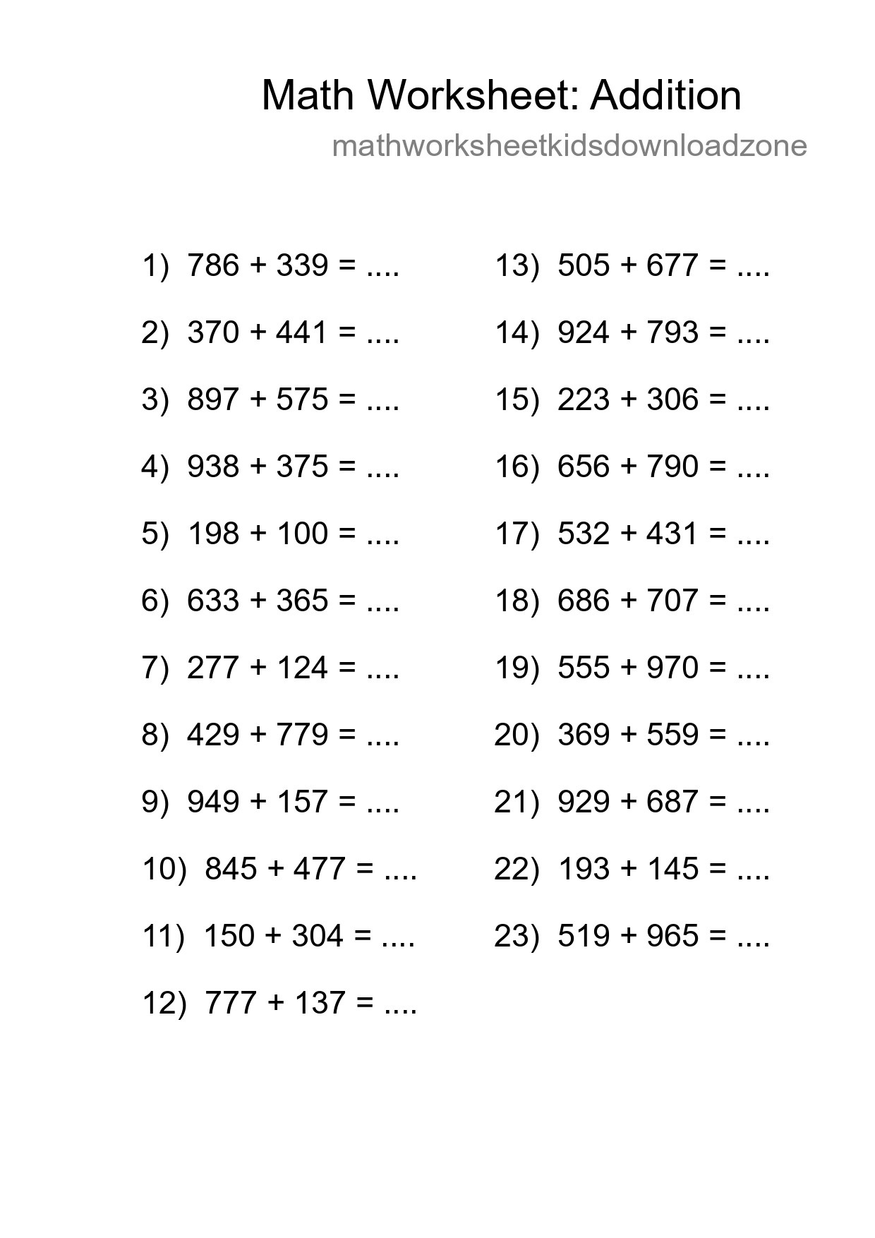 Grade 5 Addition Practice Worksheet (23 Problems) - Part 34