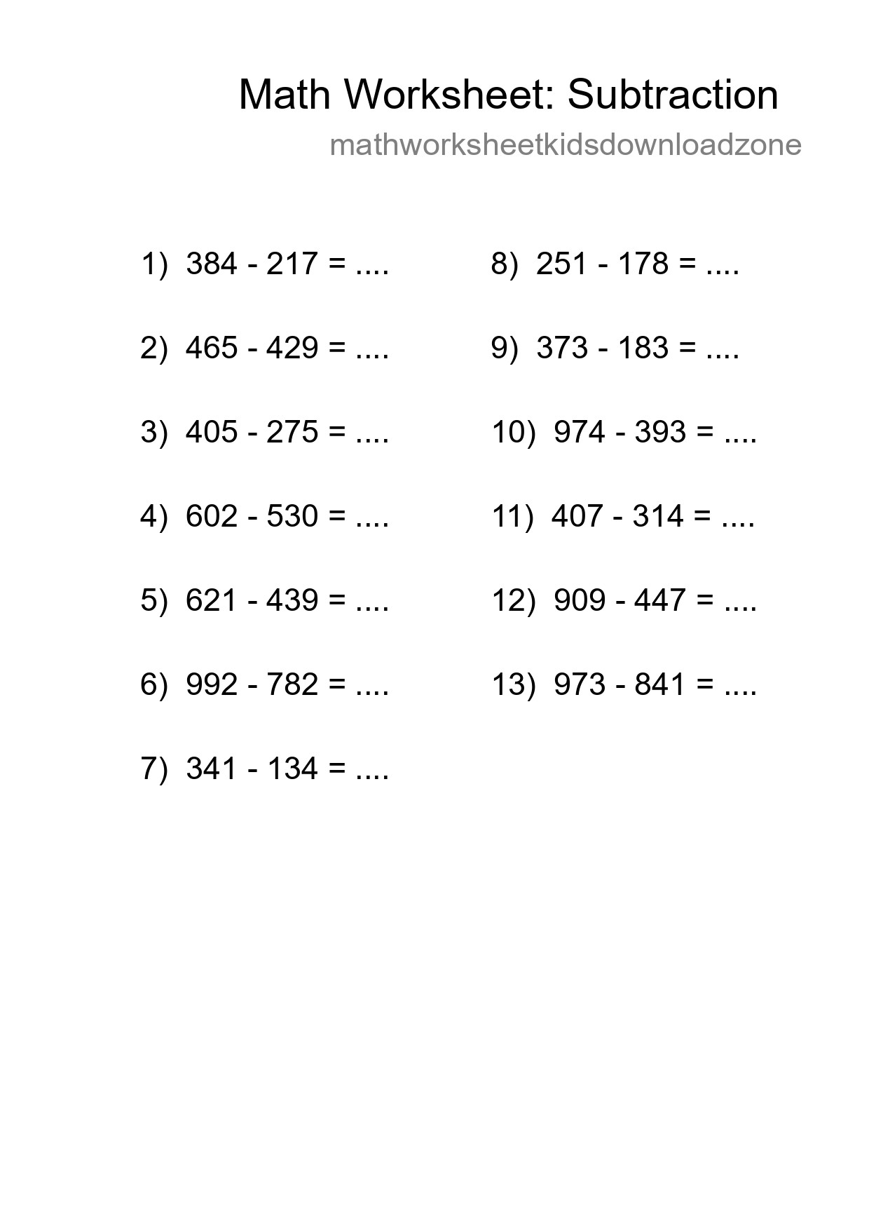 Grade 5 Subtraction Practice Worksheet (13 Problems) - Part 74