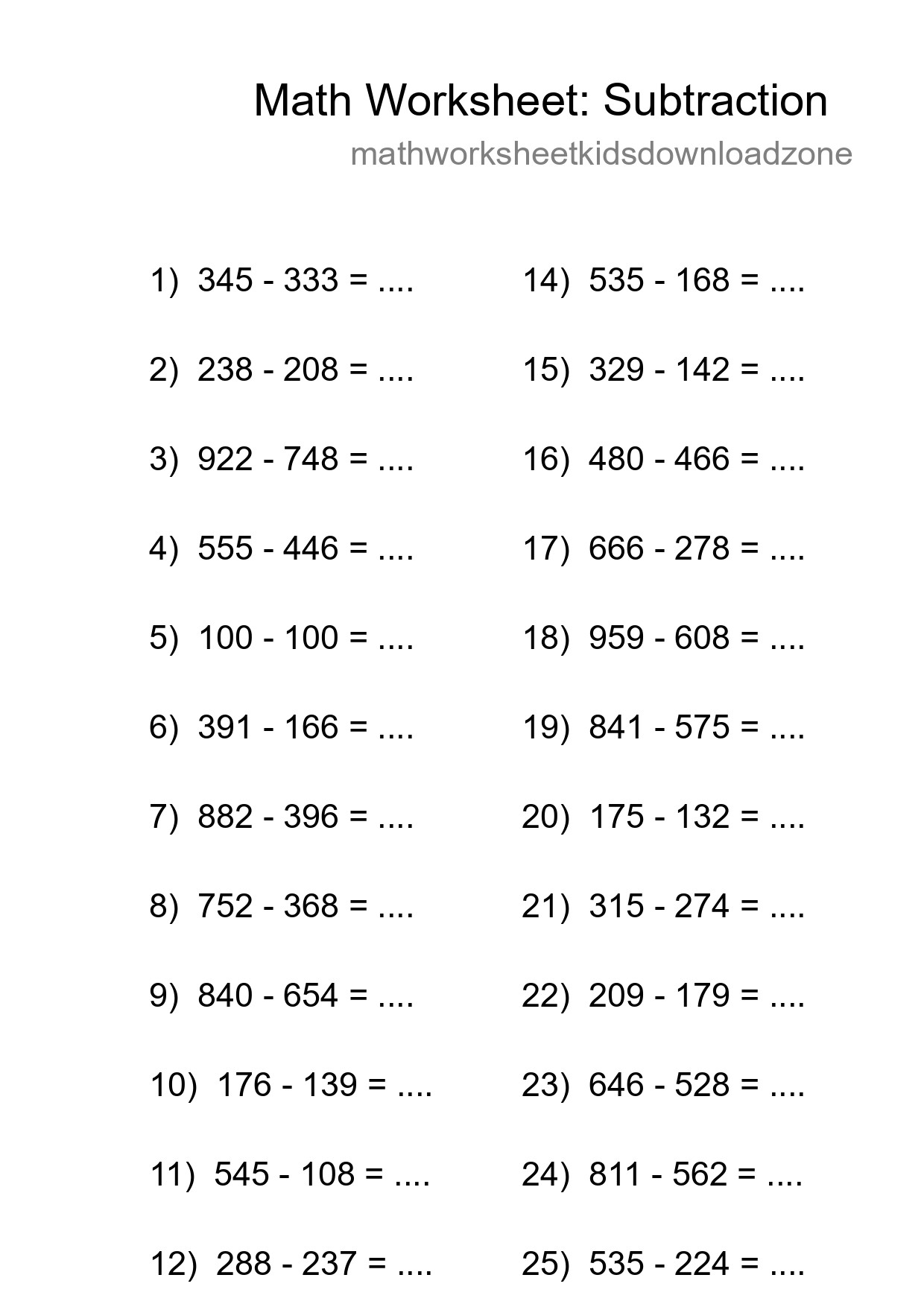 Grade 5 Subtraction Practice Worksheet (26 Problems) - Part 118
