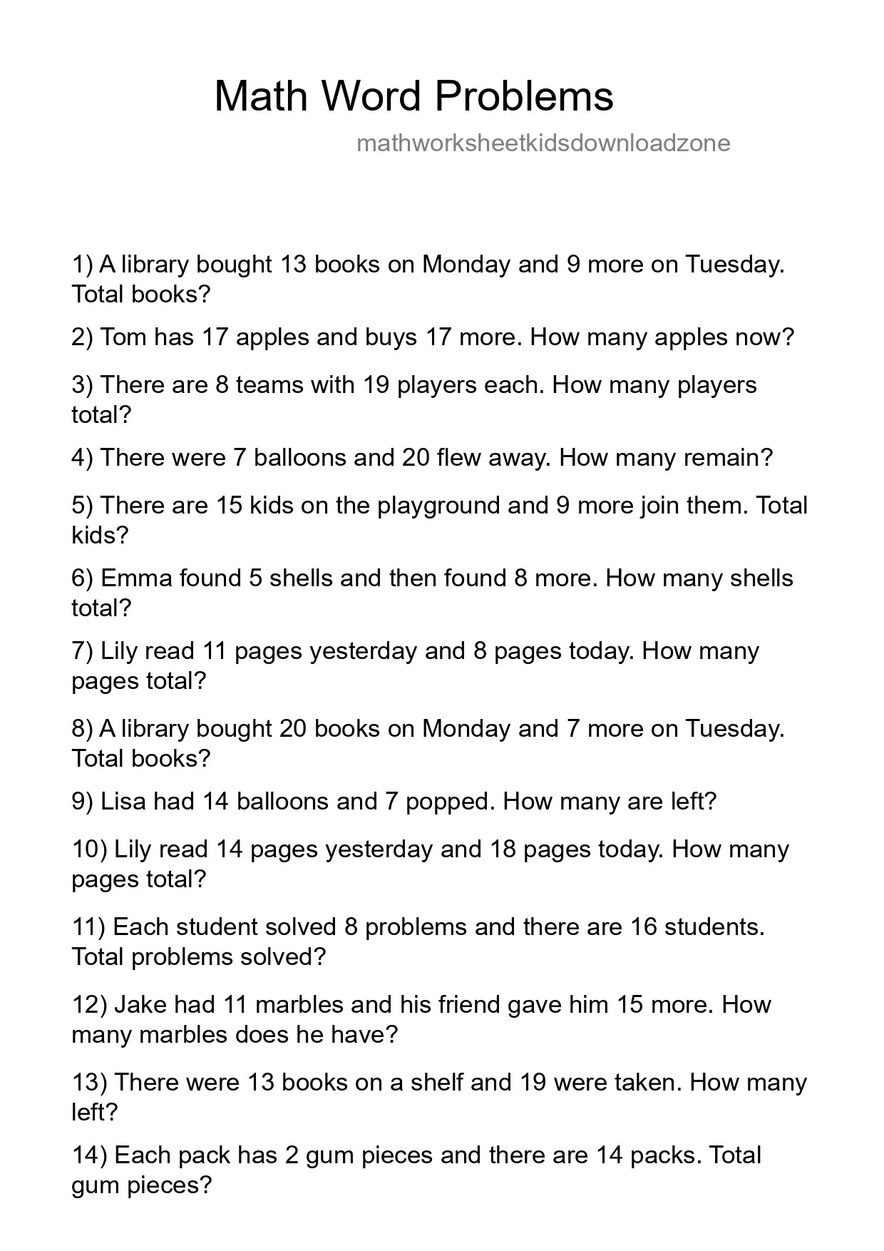 Math Word Problem Worksheet