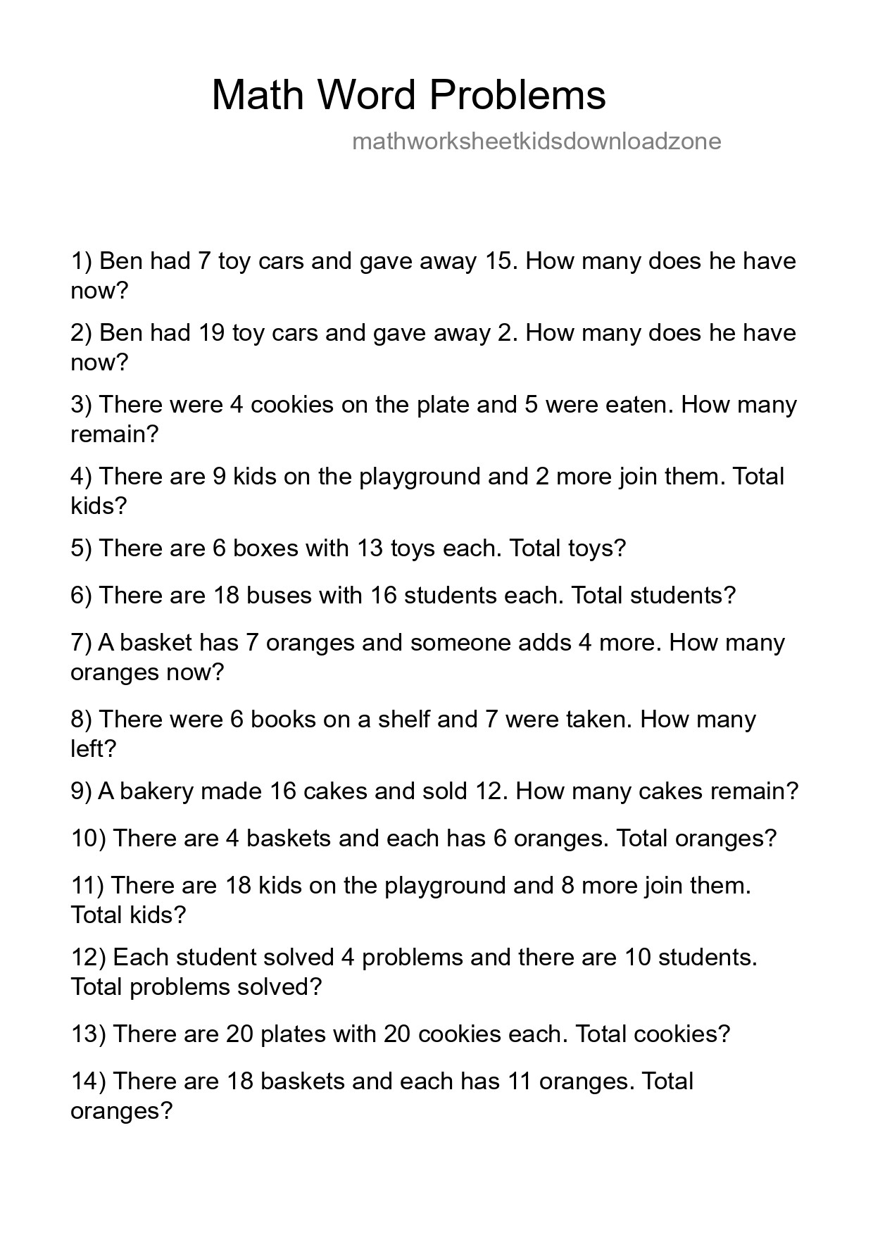Math Word Problem Worksheet