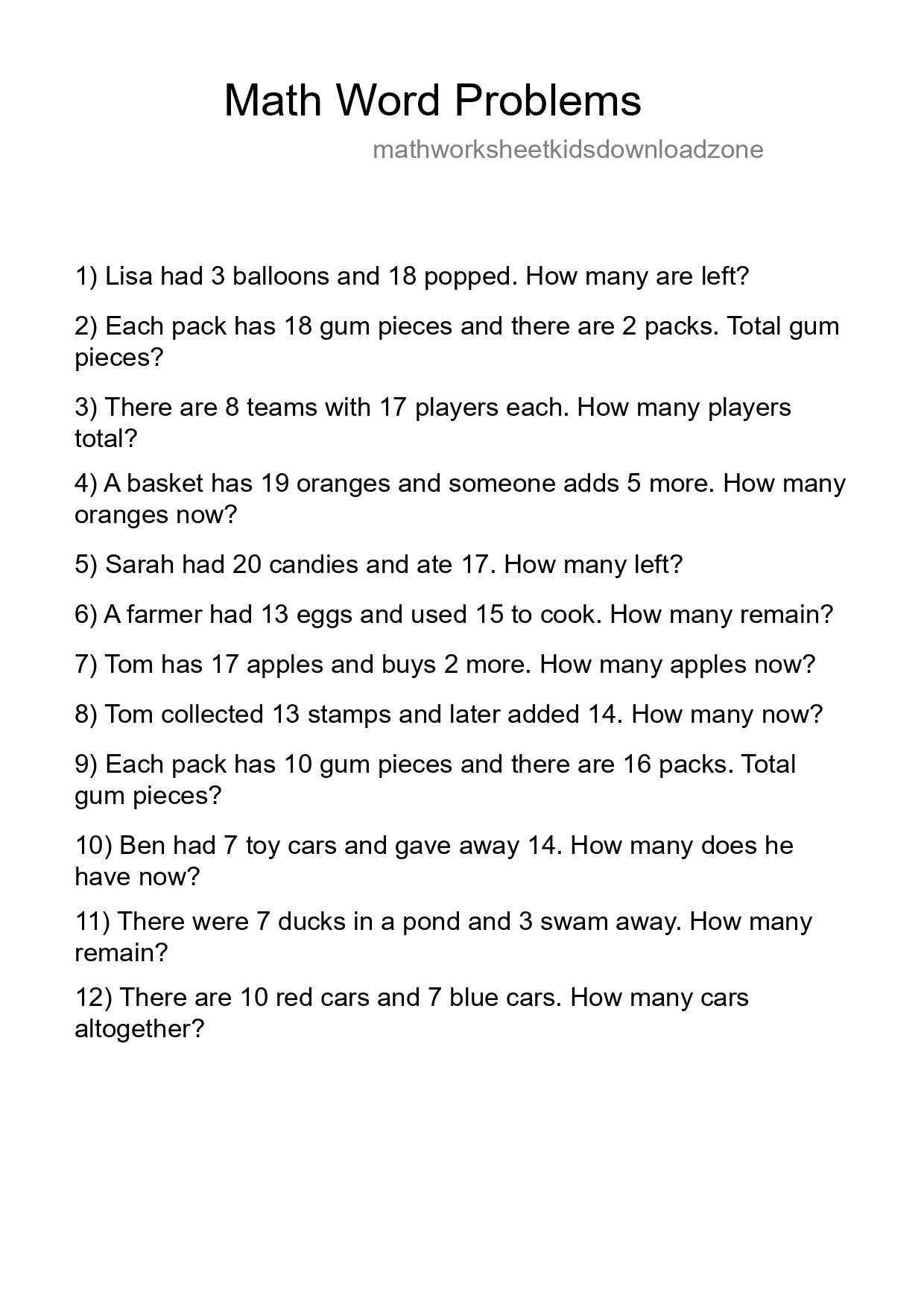 Math Word Problem Worksheet