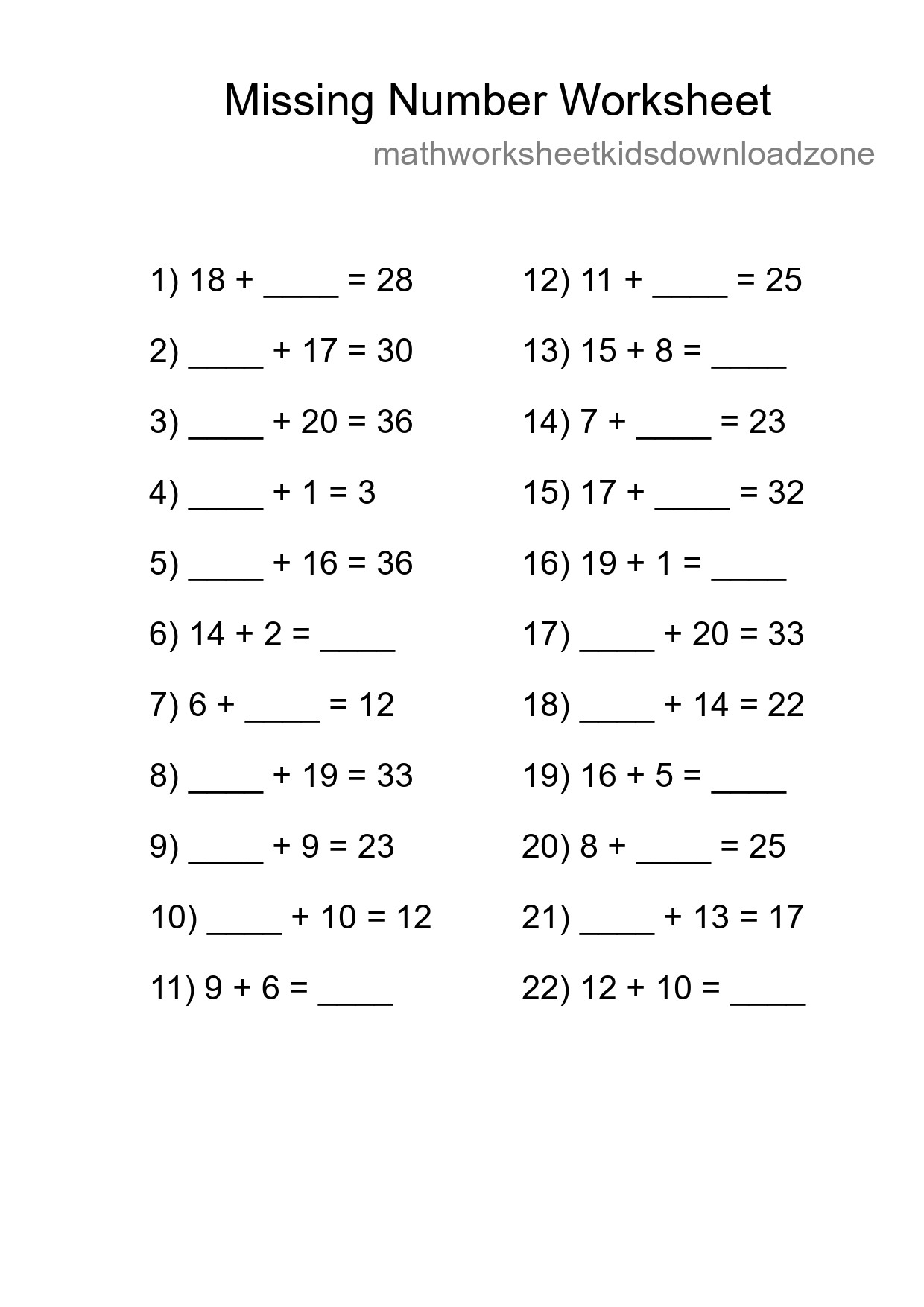 Missing Number Math Worksheet