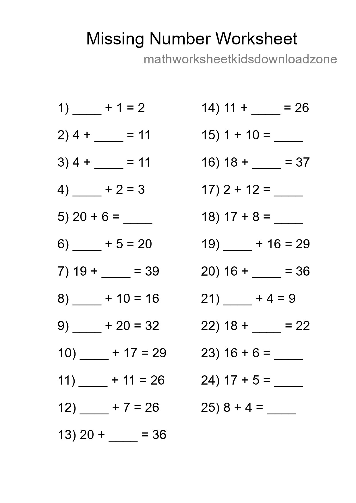 Missing Number Math Worksheet