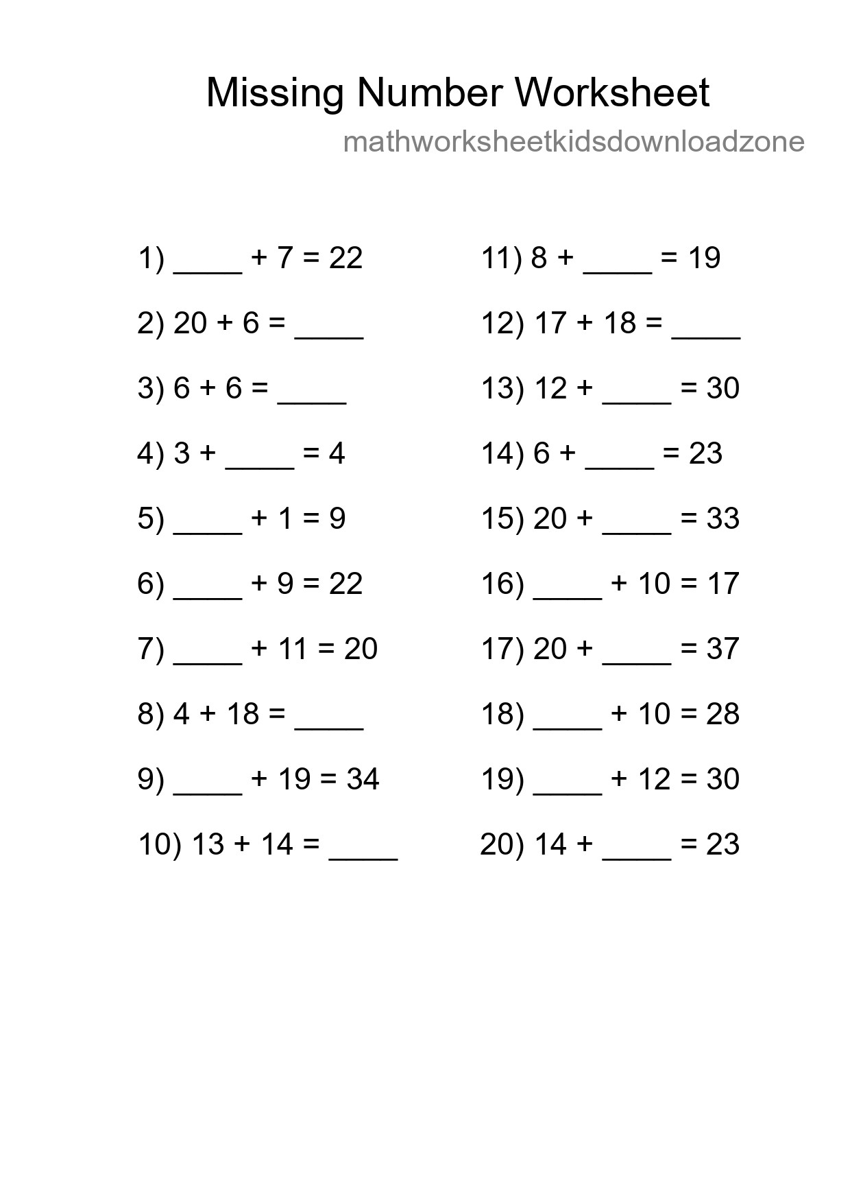 Missing Number Math Worksheet