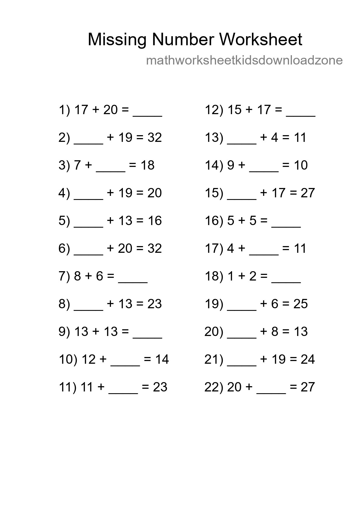 Missing Number Math Worksheet