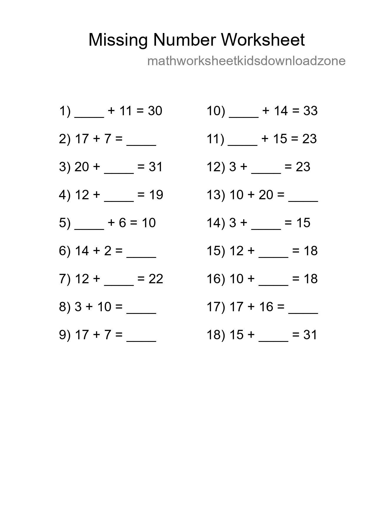 Missing Number Math Worksheet
