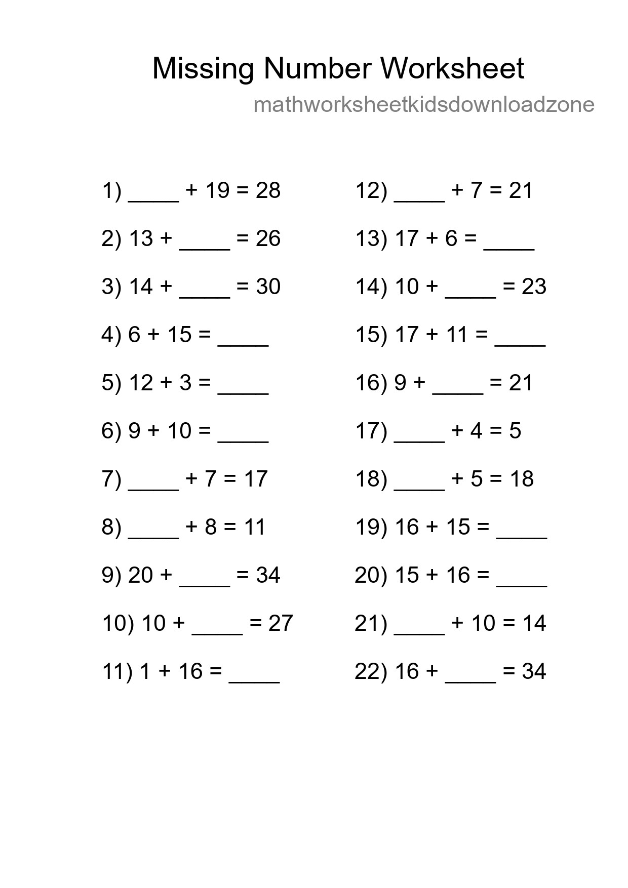 Missing Number Math Worksheet