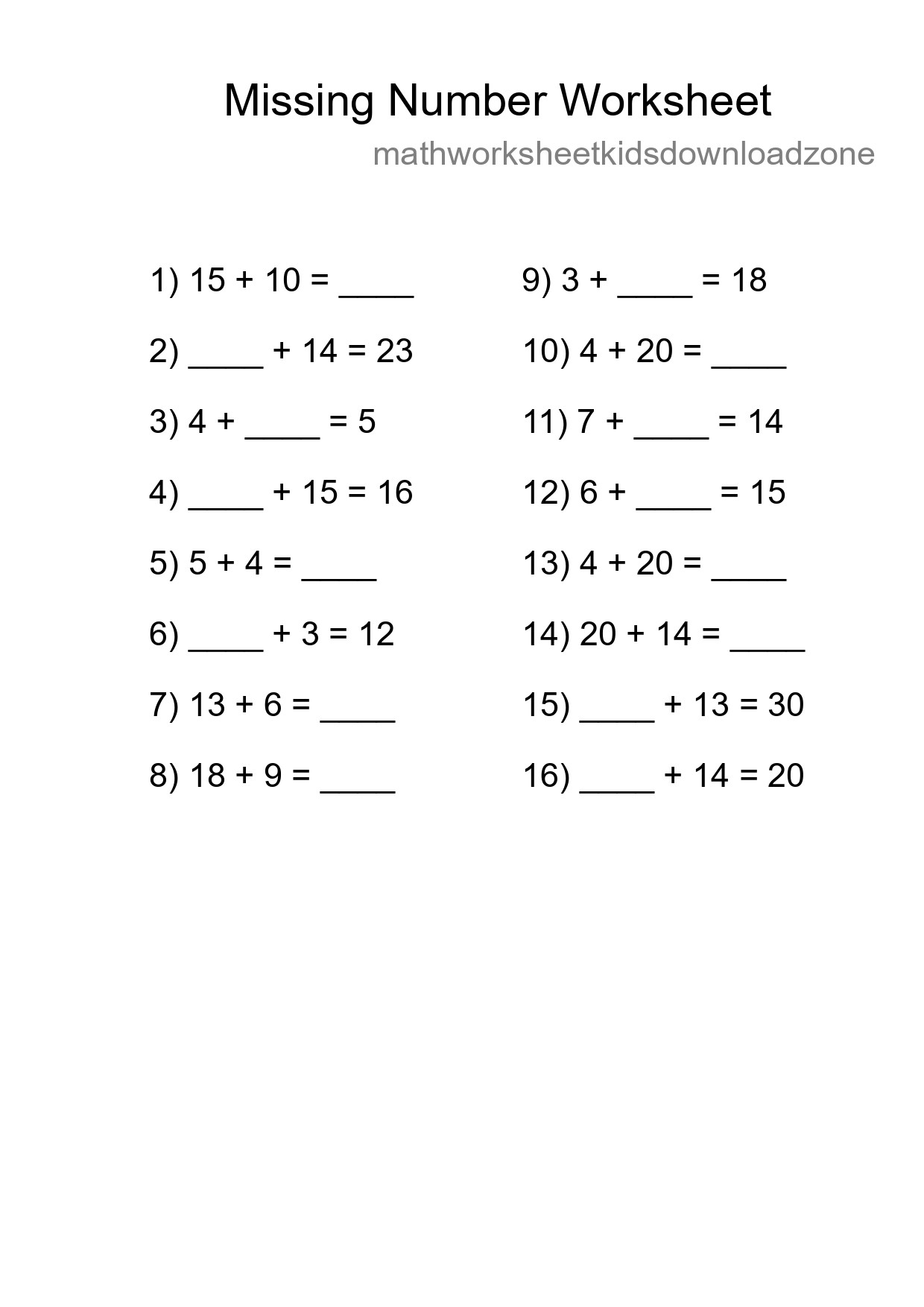 Missing Number Math Worksheet