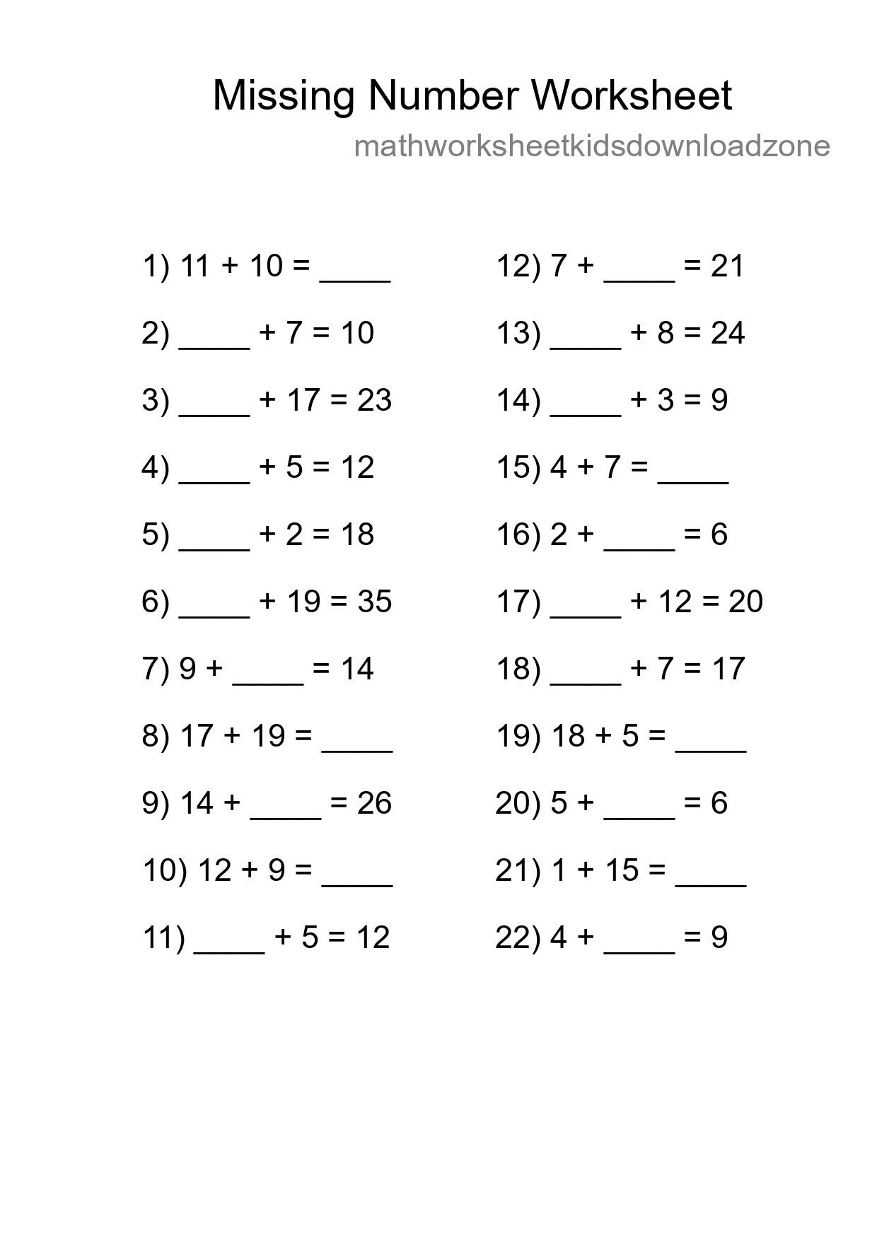 Missing Number Math Worksheet