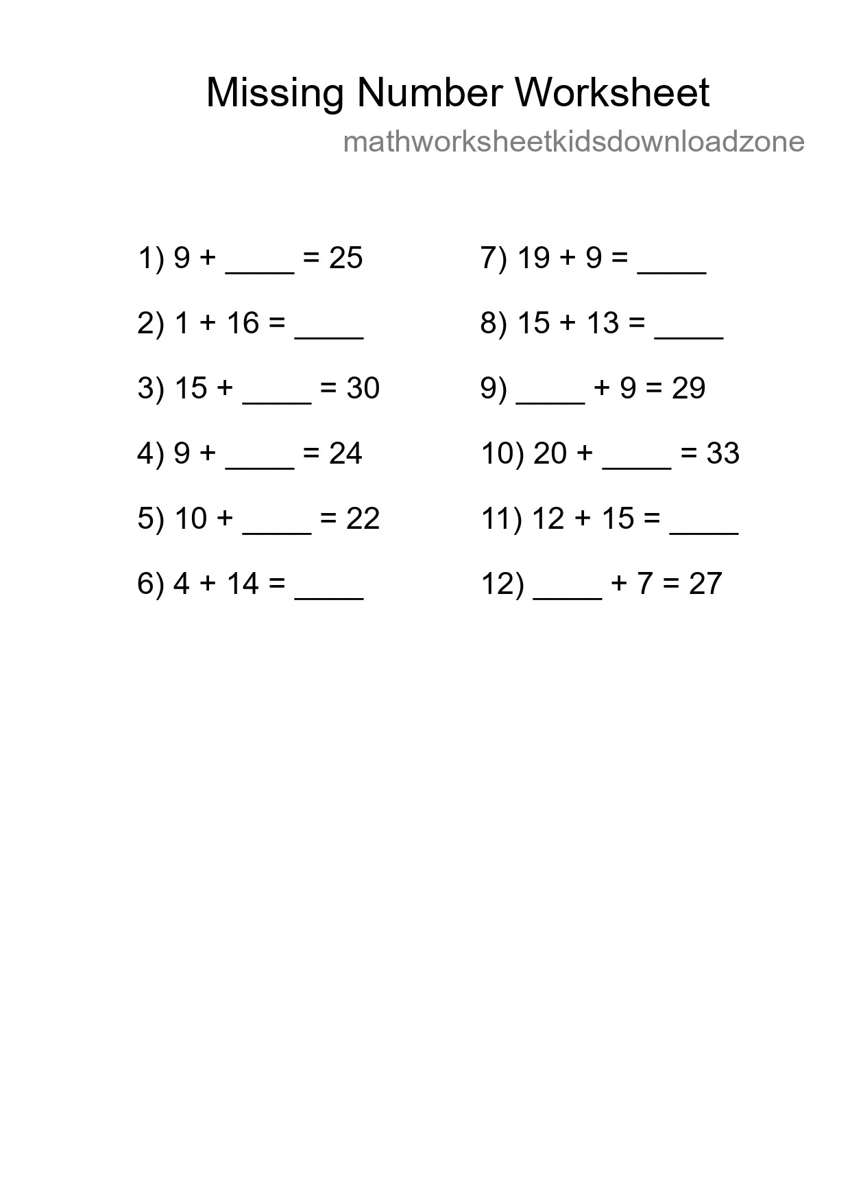Missing Number Math Worksheet