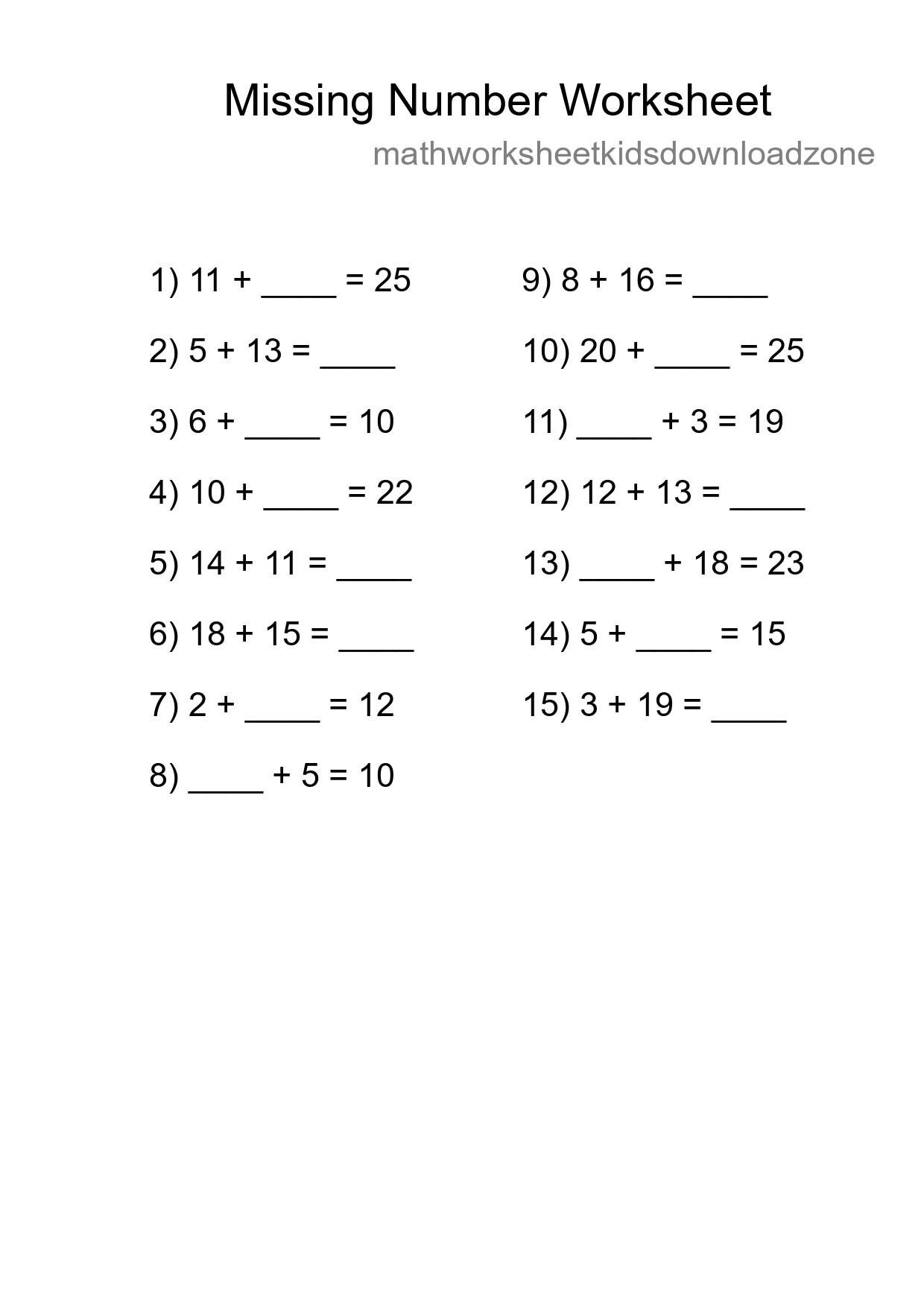 Missing Number Math Worksheet
