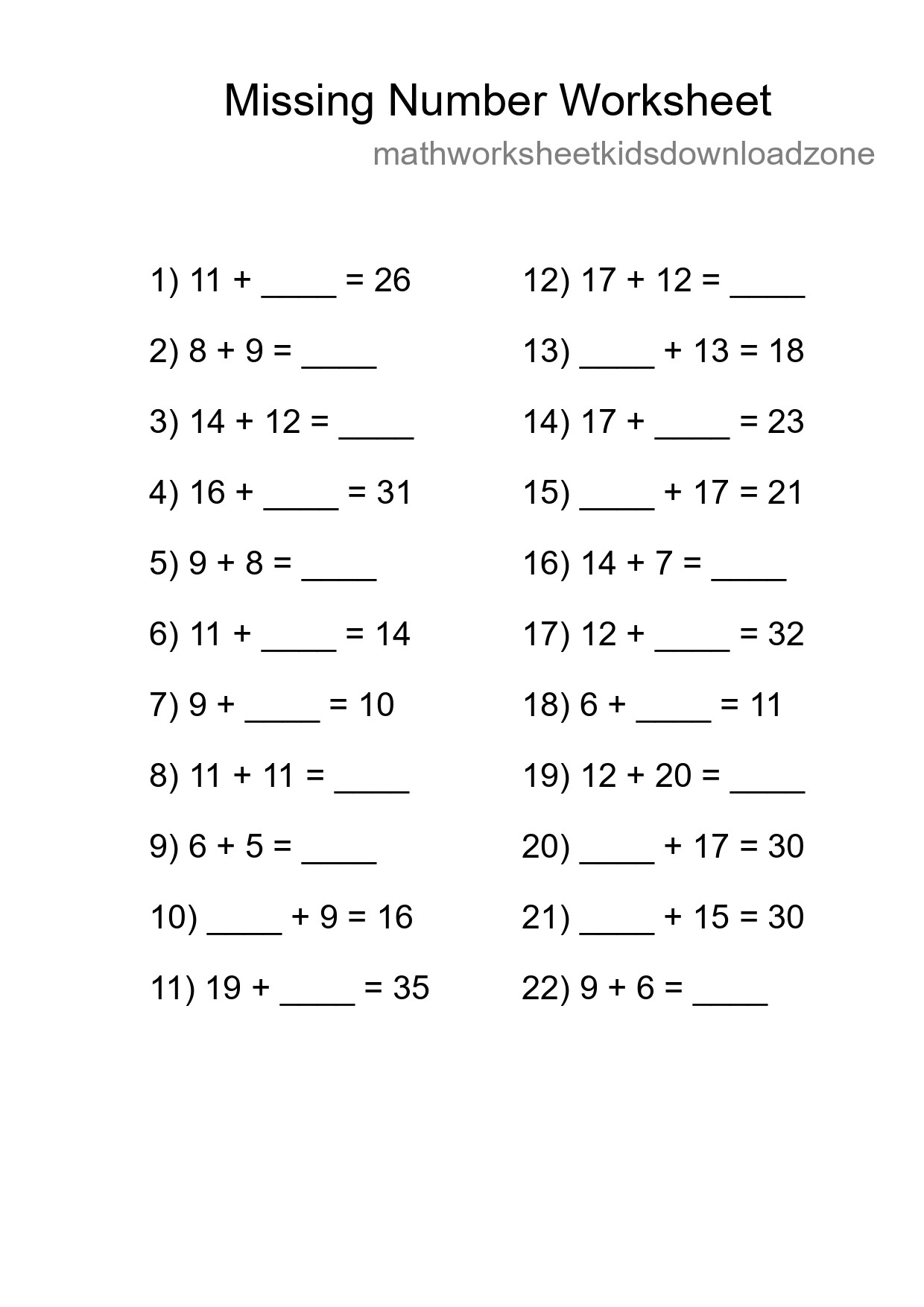 Missing Number Math Worksheet