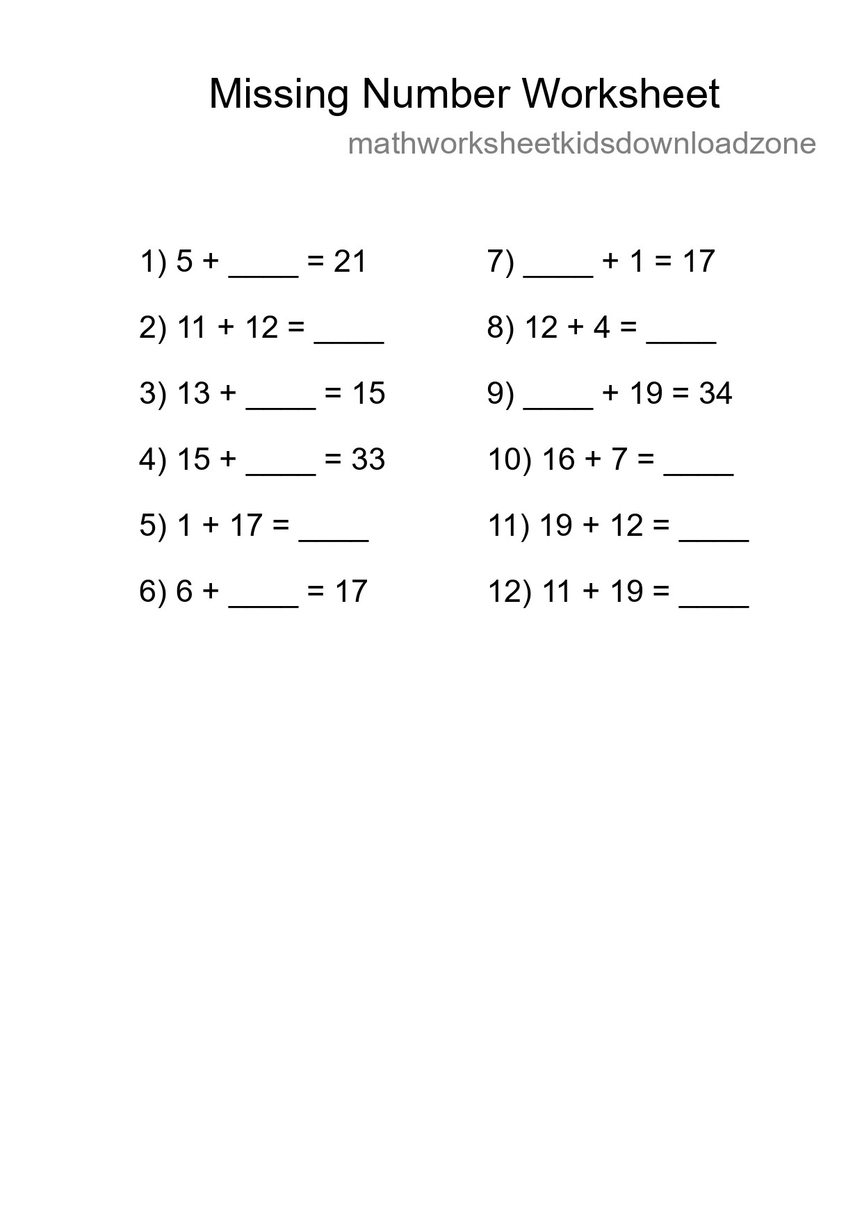 Missing Number Math Worksheet
