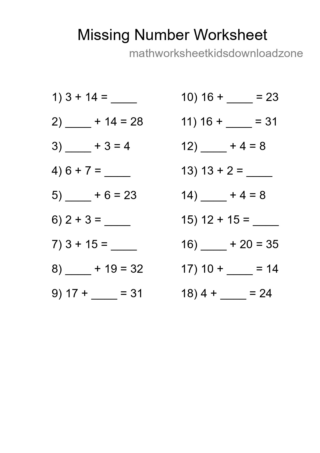 Missing Number Math Worksheet