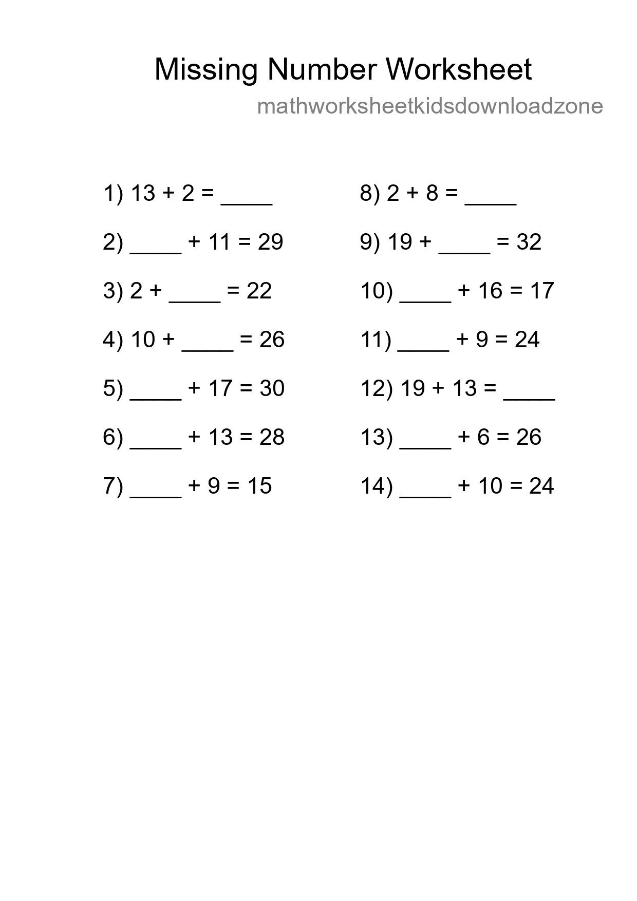 Missing Number Math Worksheet