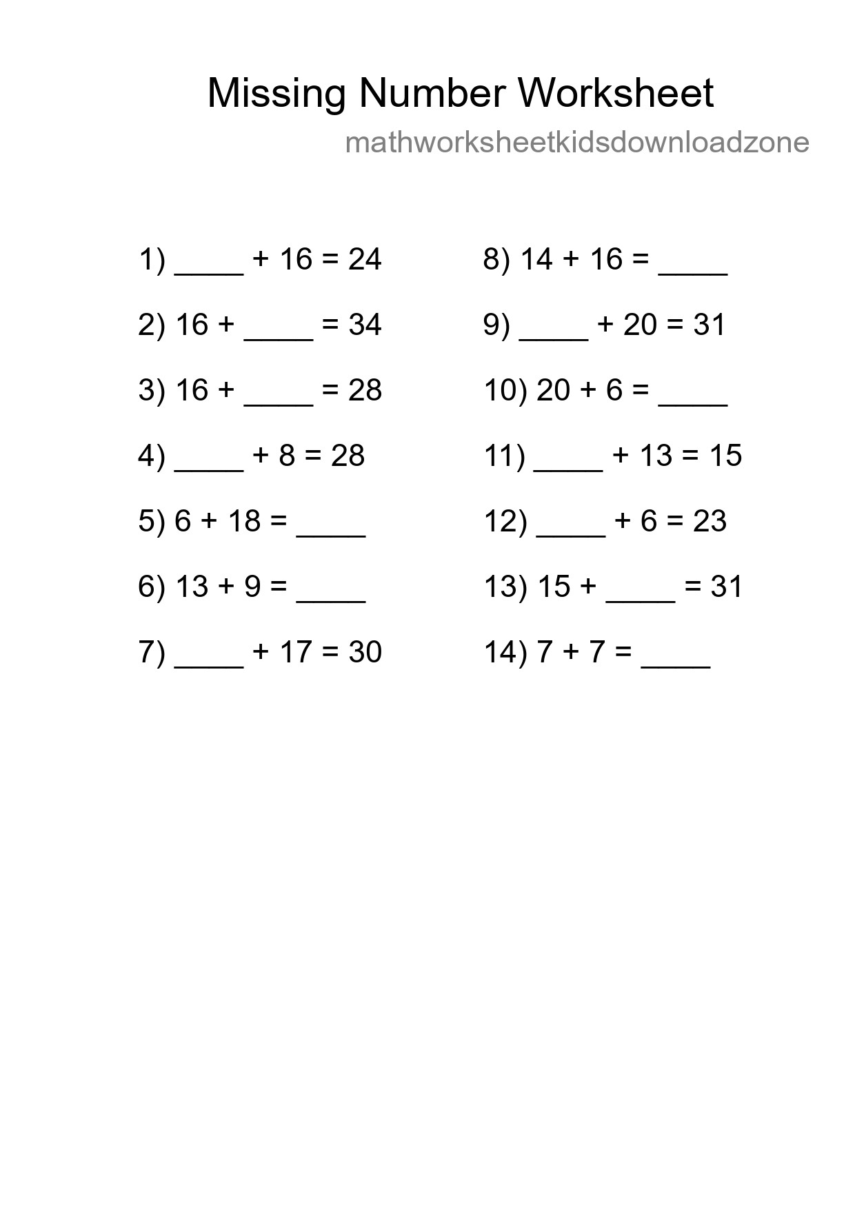 Missing Number Math Worksheet