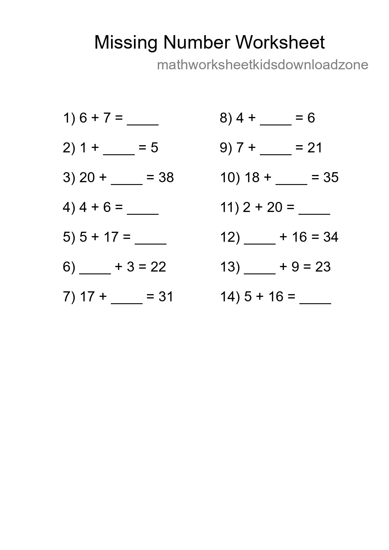 Missing Number Math Worksheet