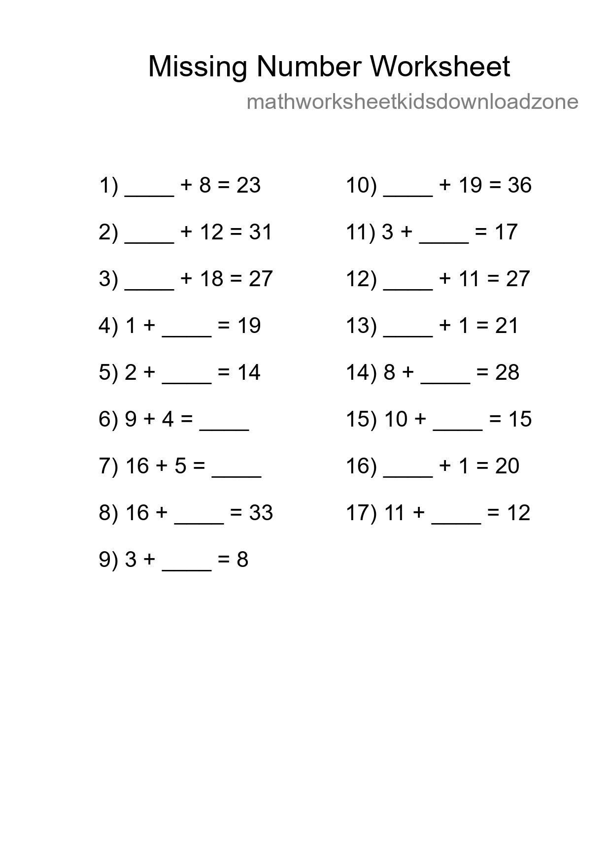 Missing Number Math Worksheet