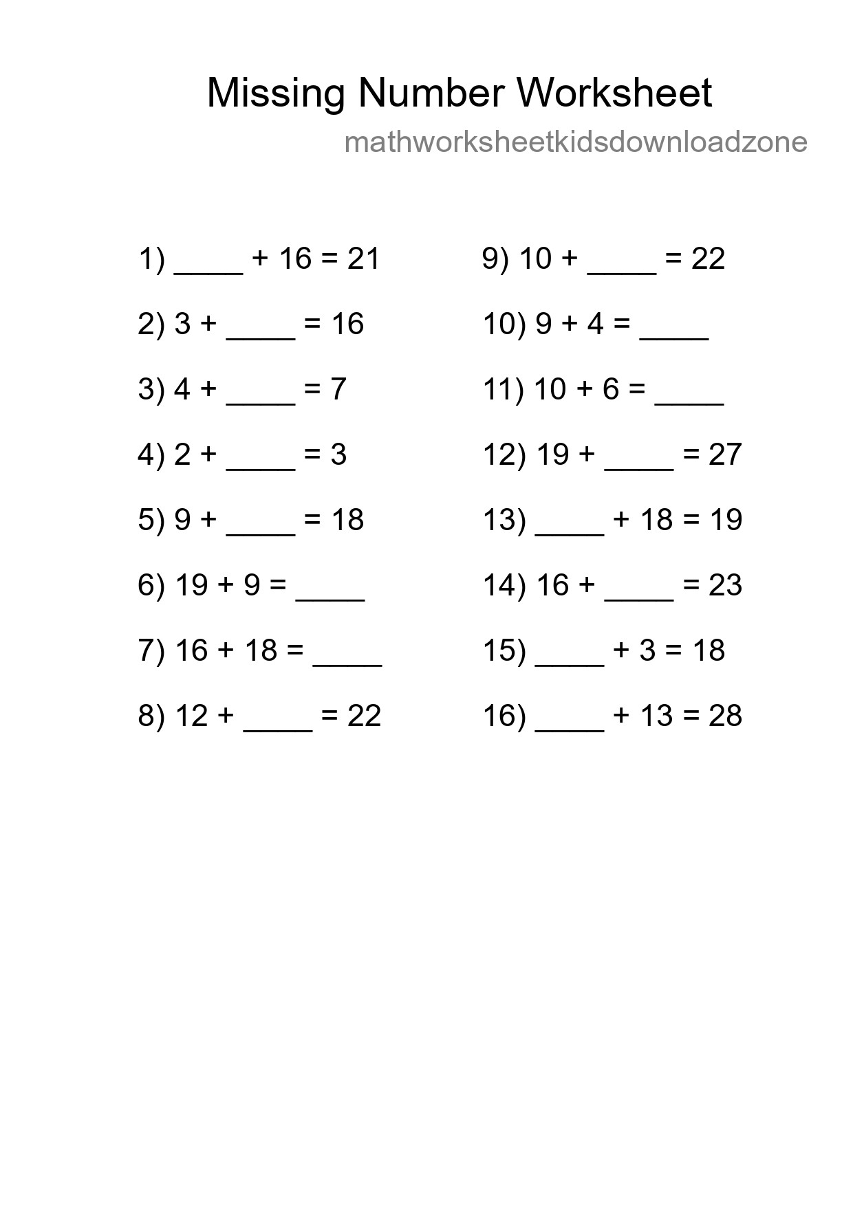 Missing Number Math Worksheet