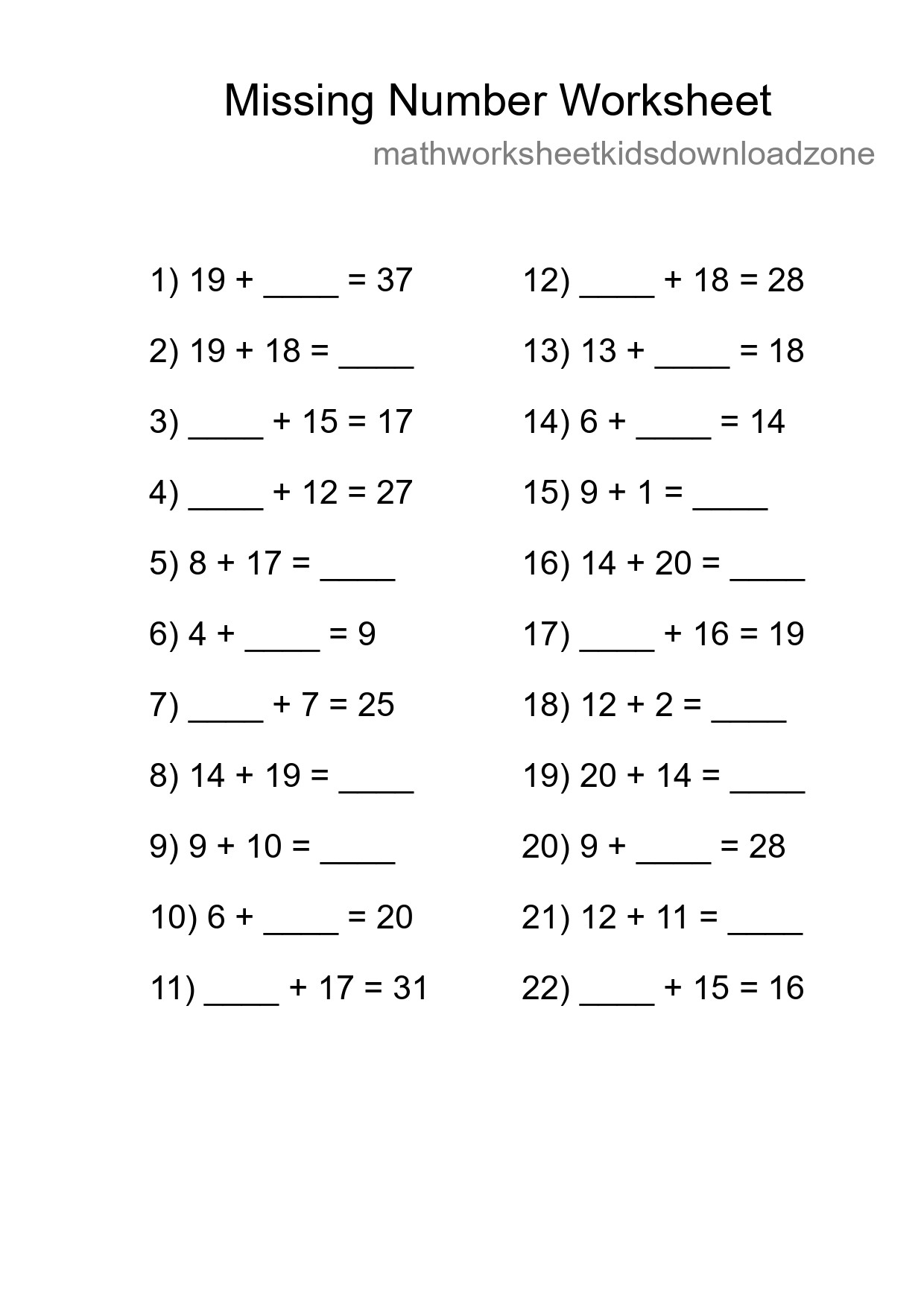 Missing Number Math Worksheet