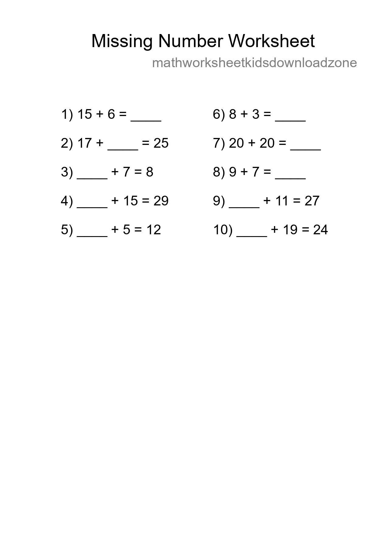Missing Number Math Worksheet